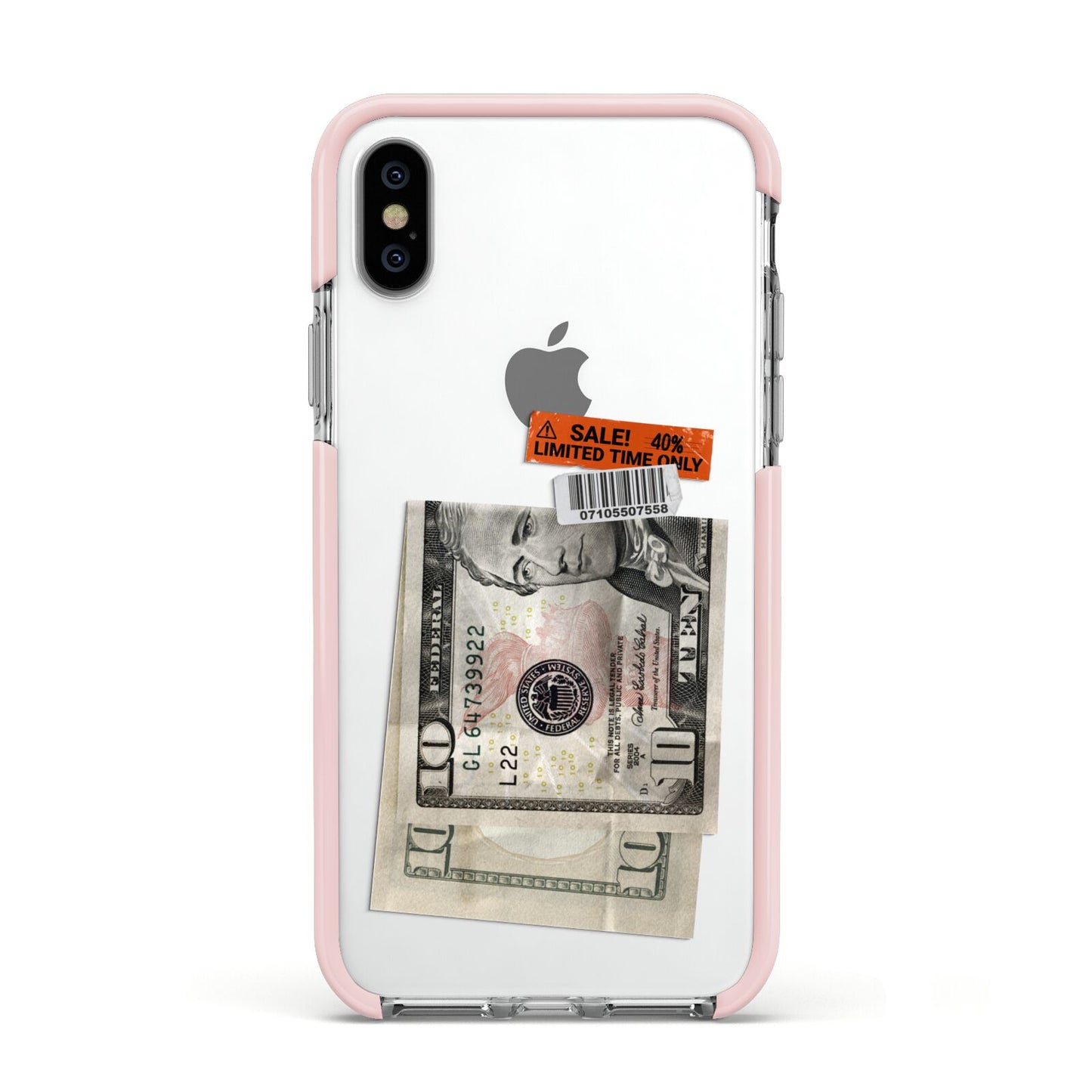 Money and Sale Sticker Apple iPhone Xs Impact Case Pink Edge on Silver Phone