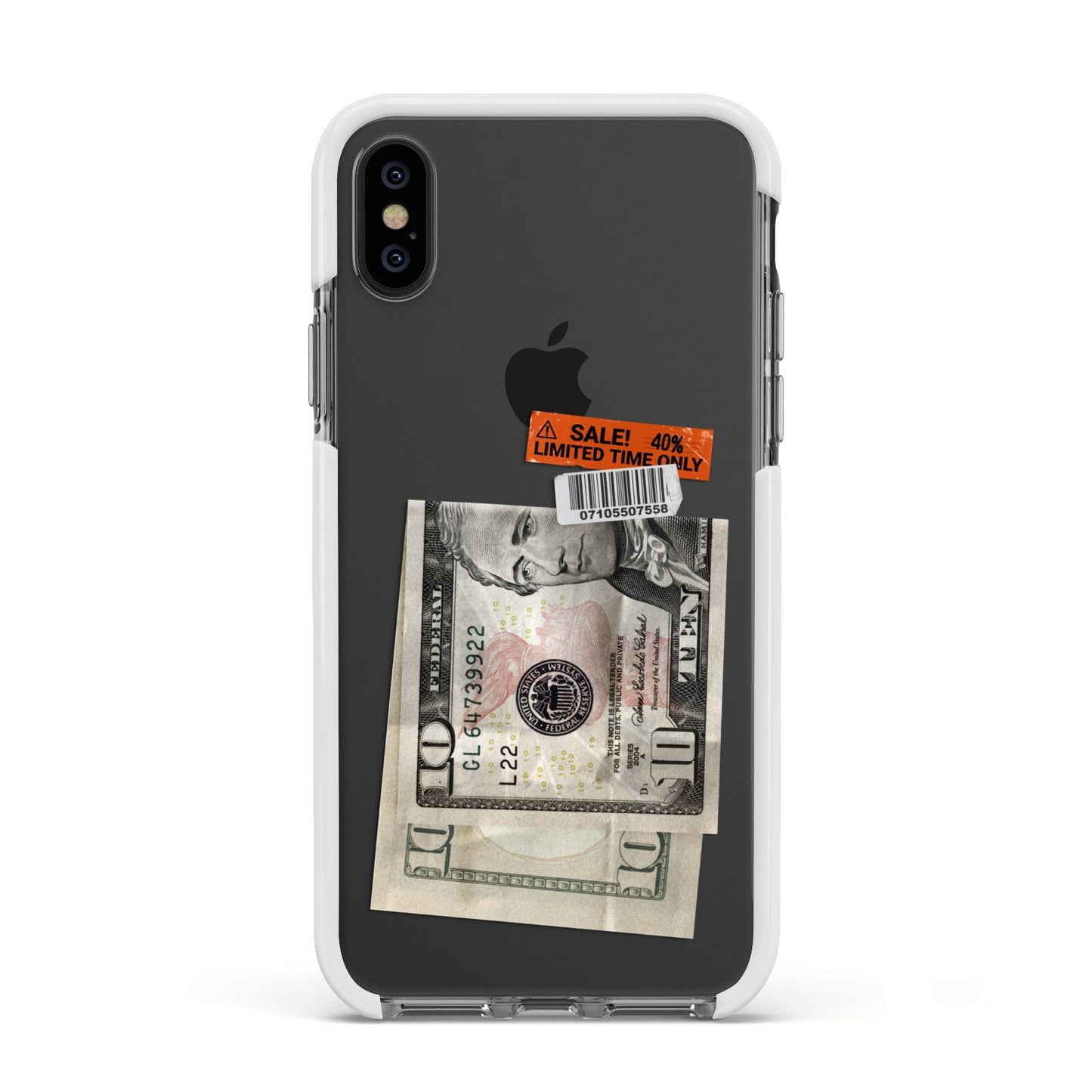 Money and Sale Sticker Apple iPhone Xs Impact Case White Edge on Black Phone