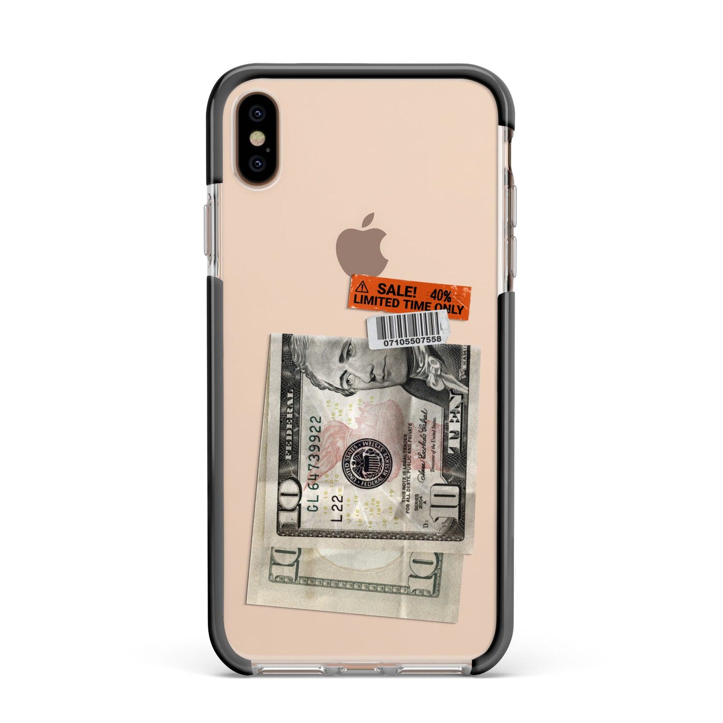 Money and Sale Sticker Apple iPhone Xs Max Impact Case Black Edge on Gold Phone