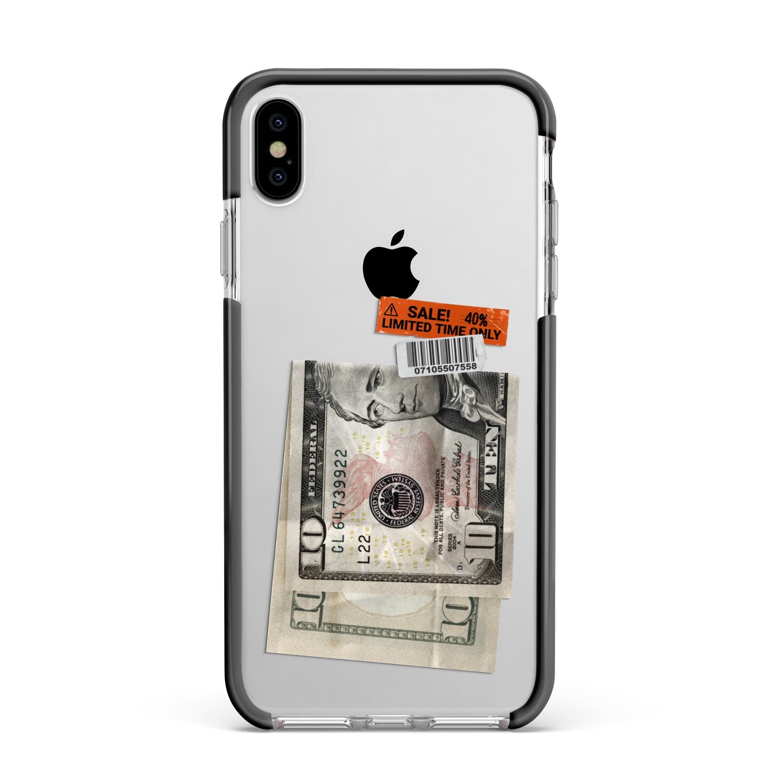 Money and Sale Sticker Apple iPhone Xs Max Impact Case Black Edge on Silver Phone