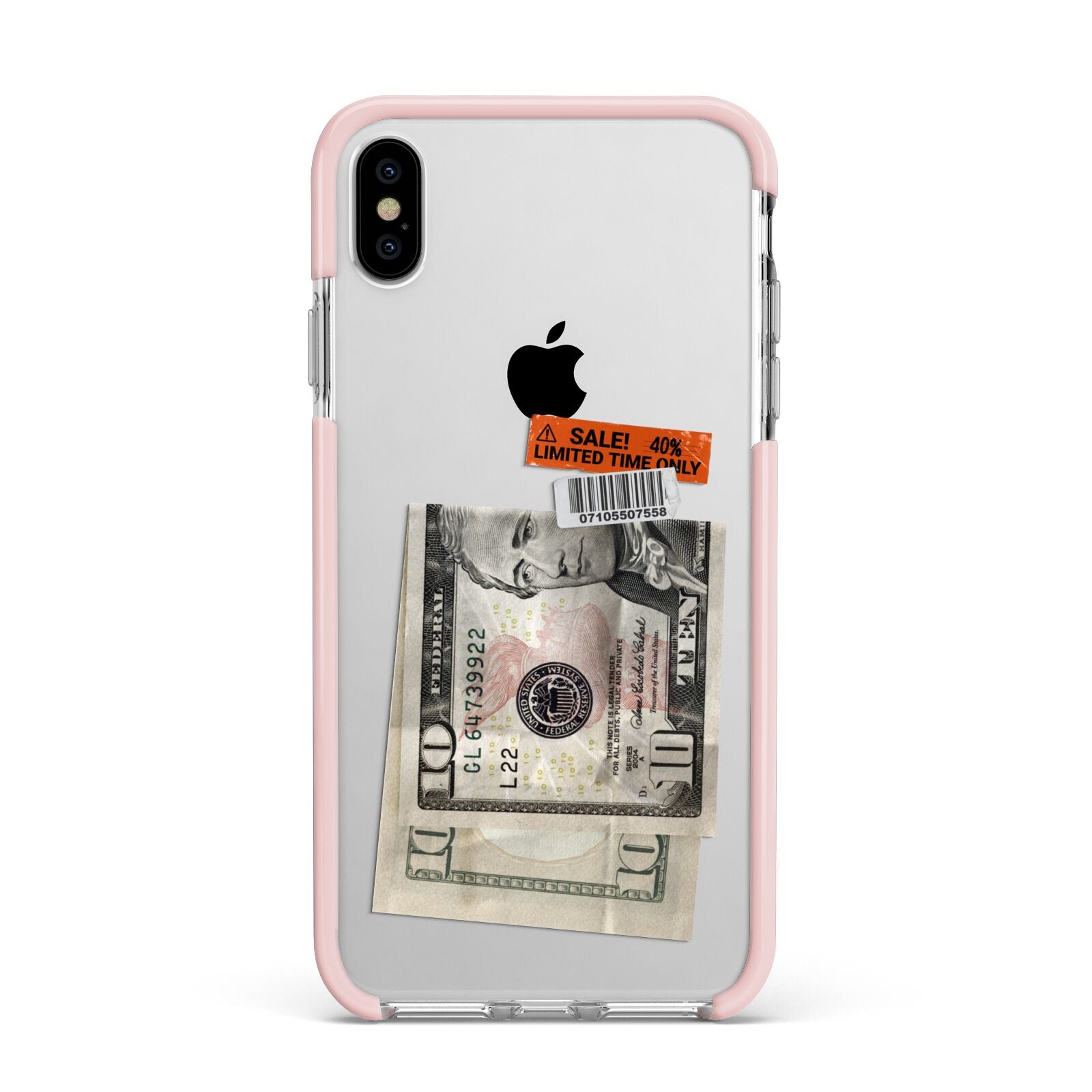 Money and Sale Sticker Apple iPhone Xs Max Impact Case Pink Edge on Silver Phone