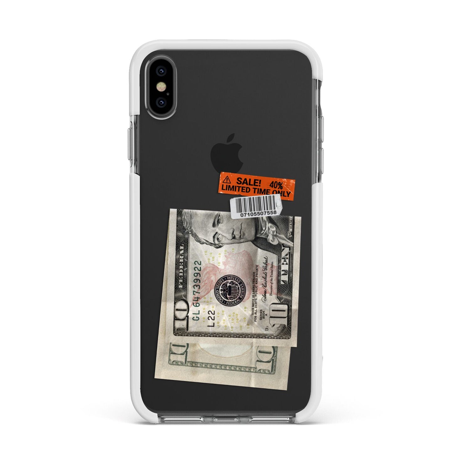 Money and Sale Sticker Apple iPhone Xs Max Impact Case White Edge on Black Phone