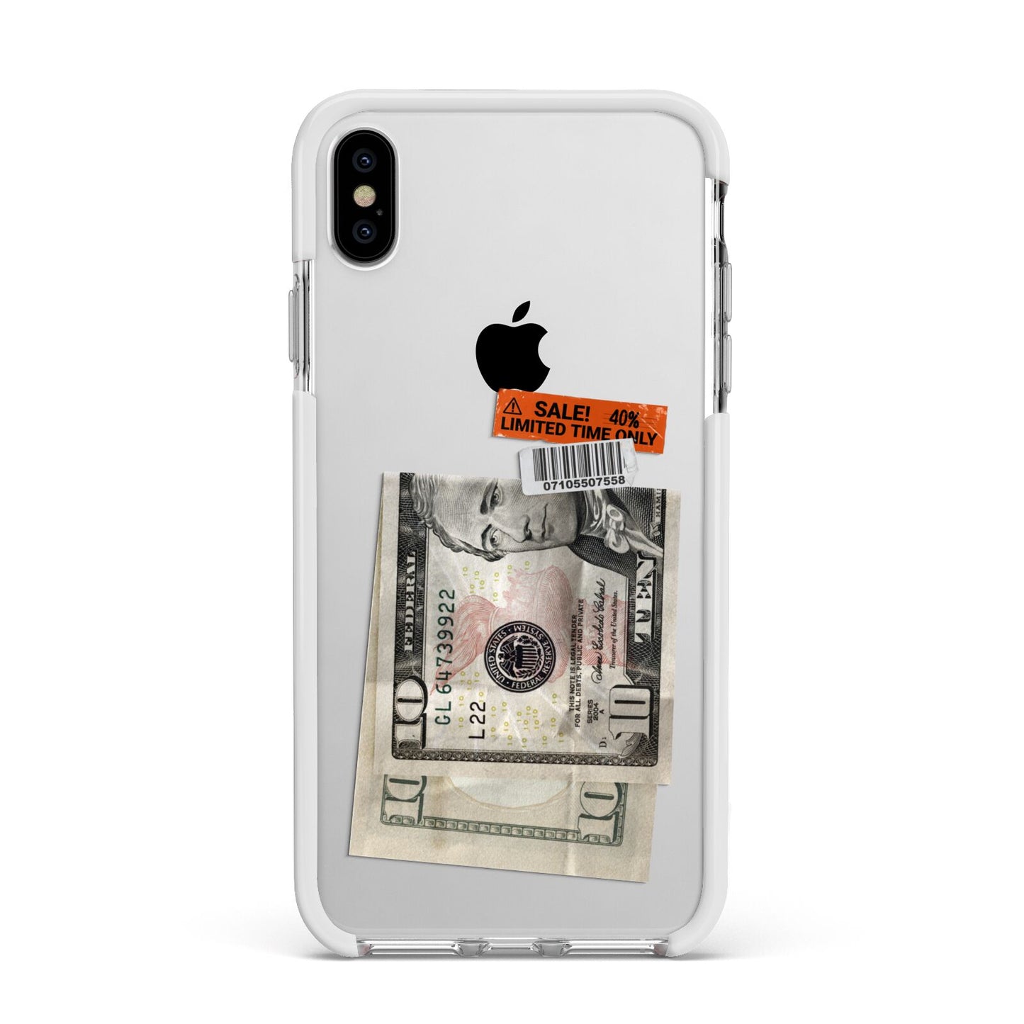 Money and Sale Sticker Apple iPhone Xs Max Impact Case White Edge on Silver Phone