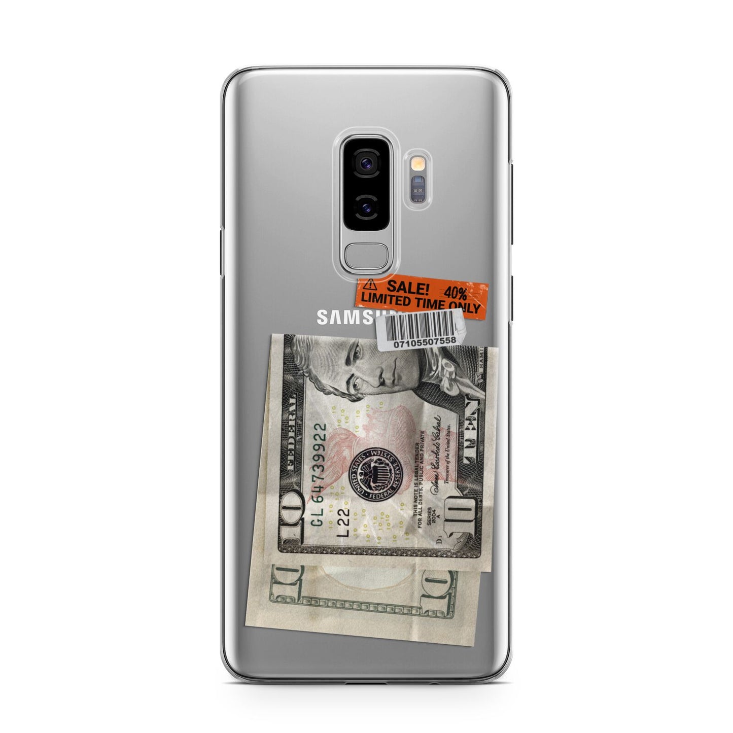 Money and Sale Sticker Samsung Galaxy S9 Plus Case on Silver phone