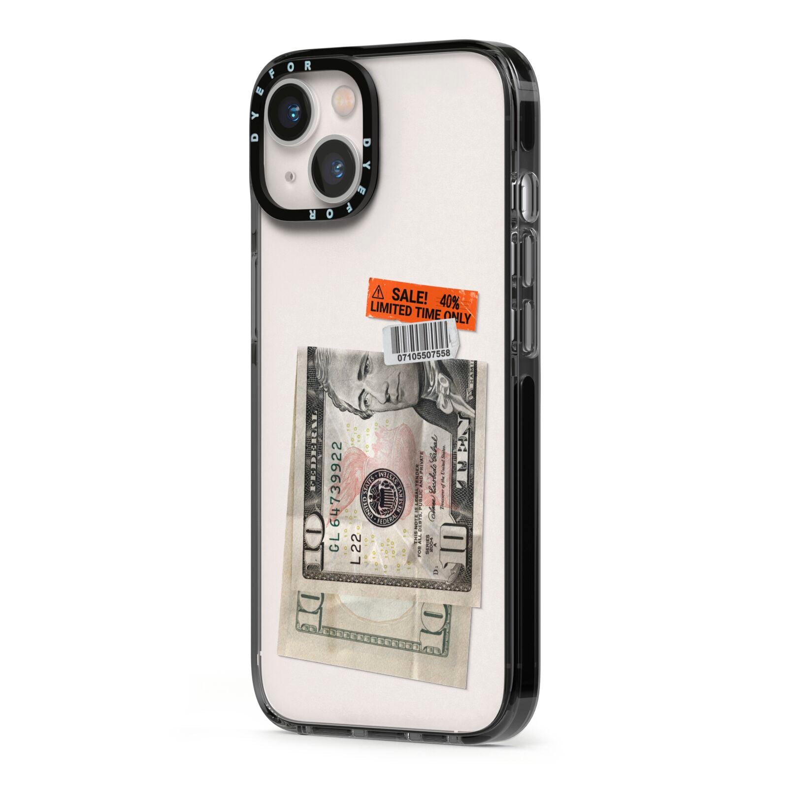 Money and Sale Sticker iPhone 13 Black Impact Case Side Angle on Silver phone