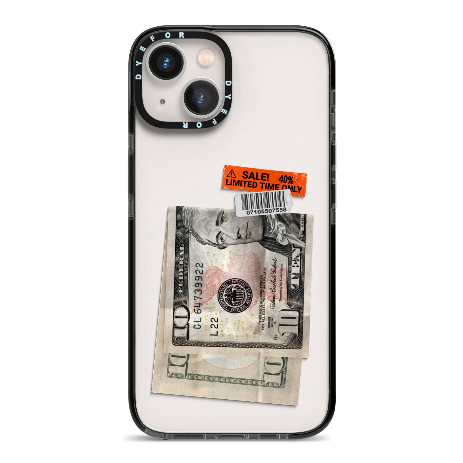 Money and Sale Sticker iPhone 13 Black Impact Case on Silver phone