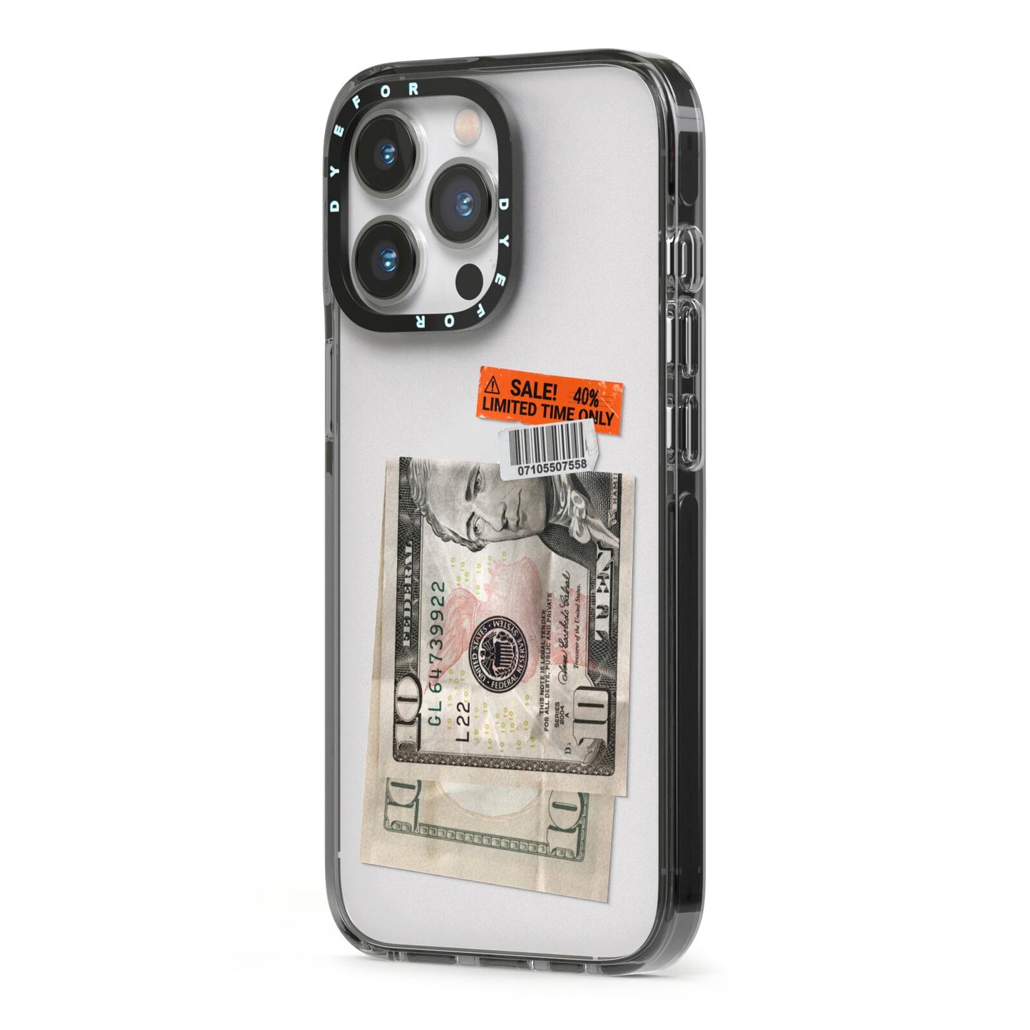 Money and Sale Sticker iPhone 13 Pro Black Impact Case Side Angle on Silver phone