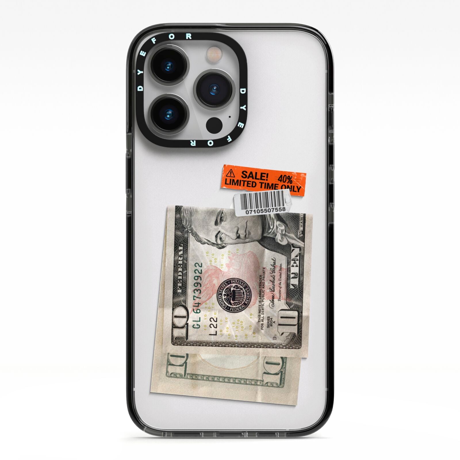 Money and Sale Sticker iPhone 13 Pro Black Impact Case on Silver phone