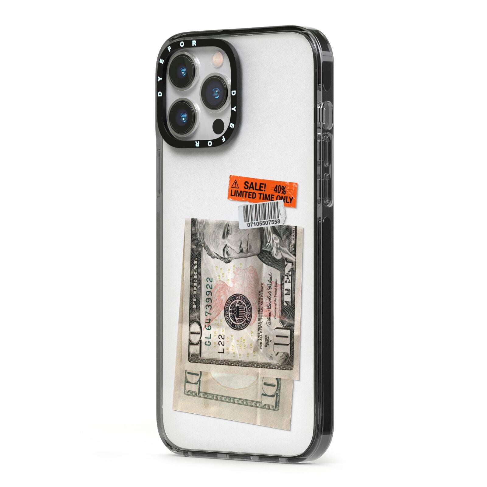 Money and Sale Sticker iPhone 13 Pro Max Black Impact Case Side Angle on Silver phone