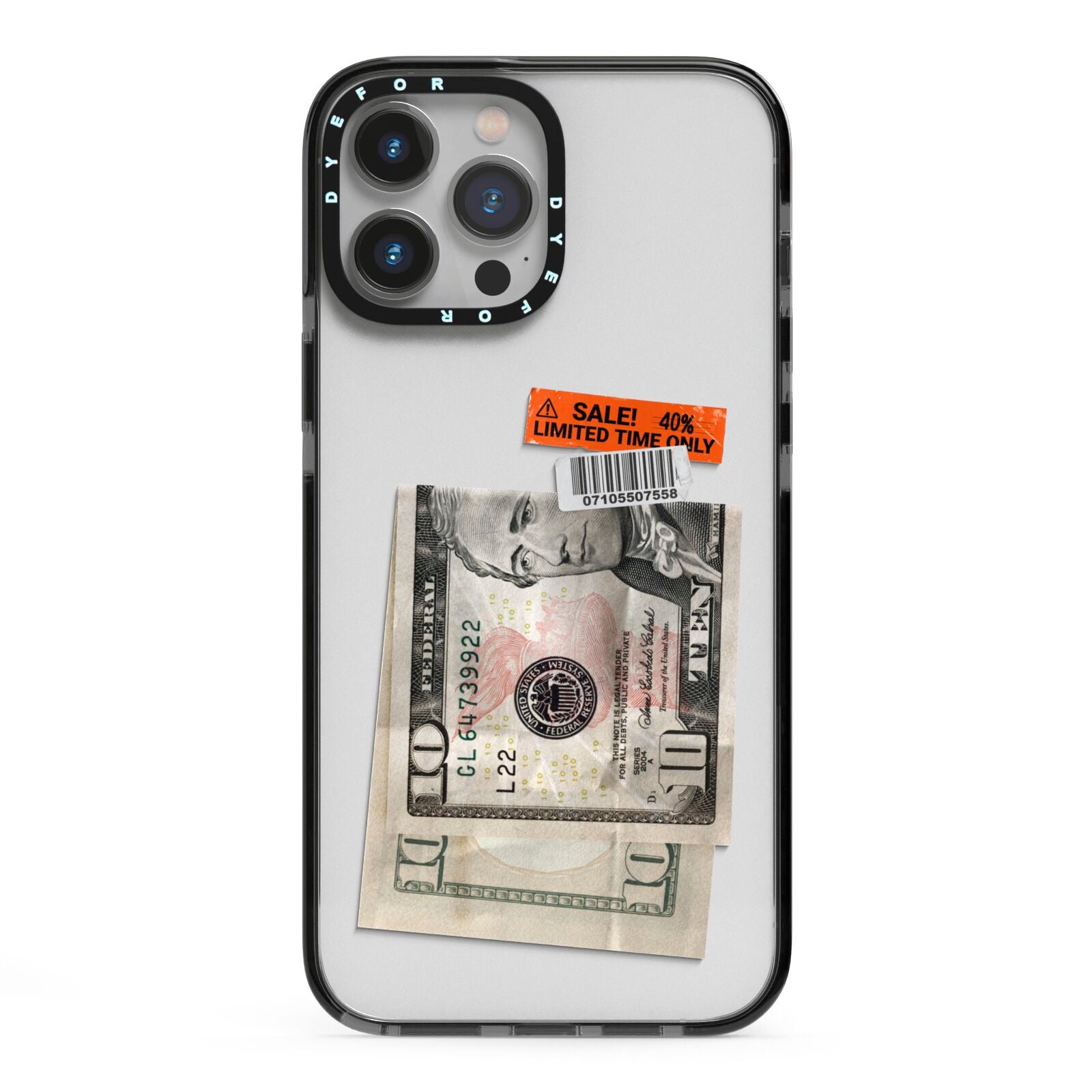 Money and Sale Sticker iPhone 13 Pro Max Black Impact Case on Silver phone