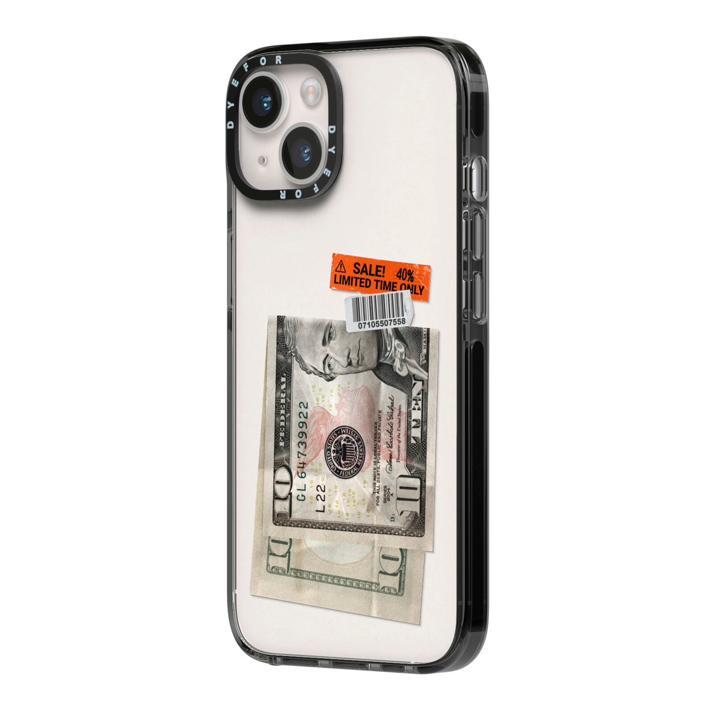 Money and Sale Sticker iPhone 14 Black Impact Case Side Angle on Silver phone