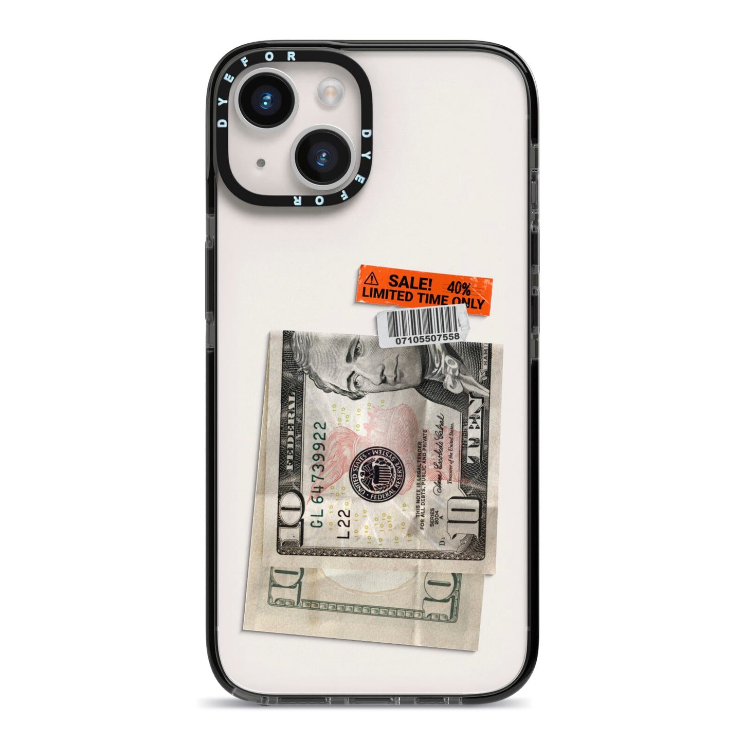 Money and Sale Sticker iPhone 14 Black Impact Case on Silver phone