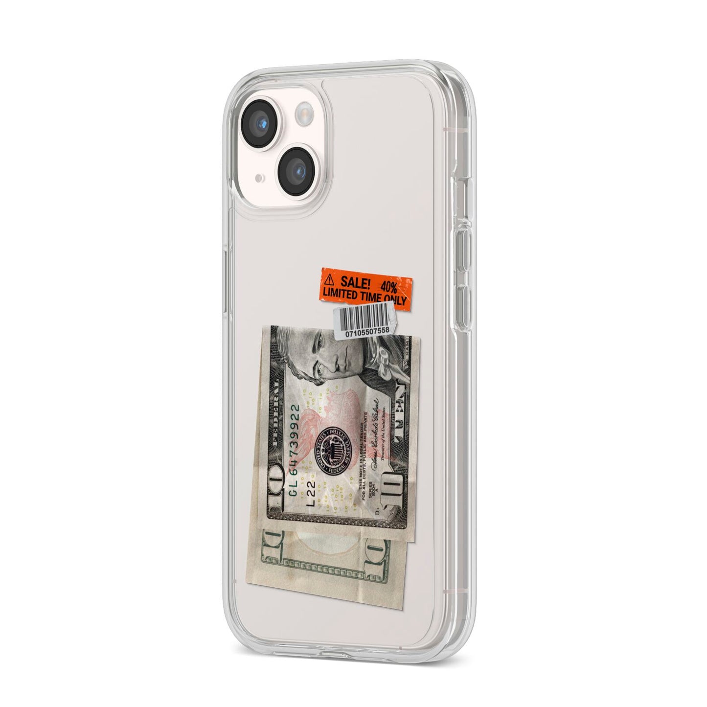 Money and Sale Sticker iPhone 14 Clear Tough Case Starlight Angled Image