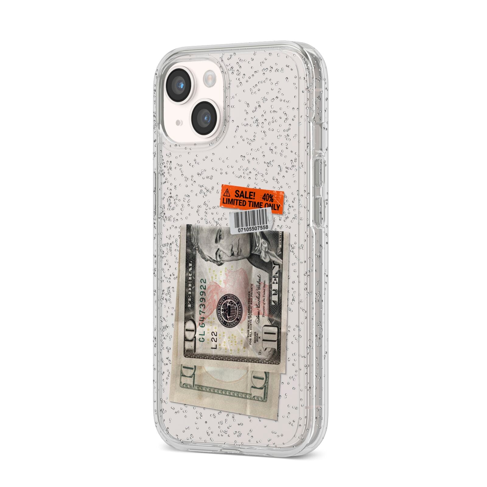 Money and Sale Sticker iPhone 14 Glitter Tough Case Starlight Angled Image