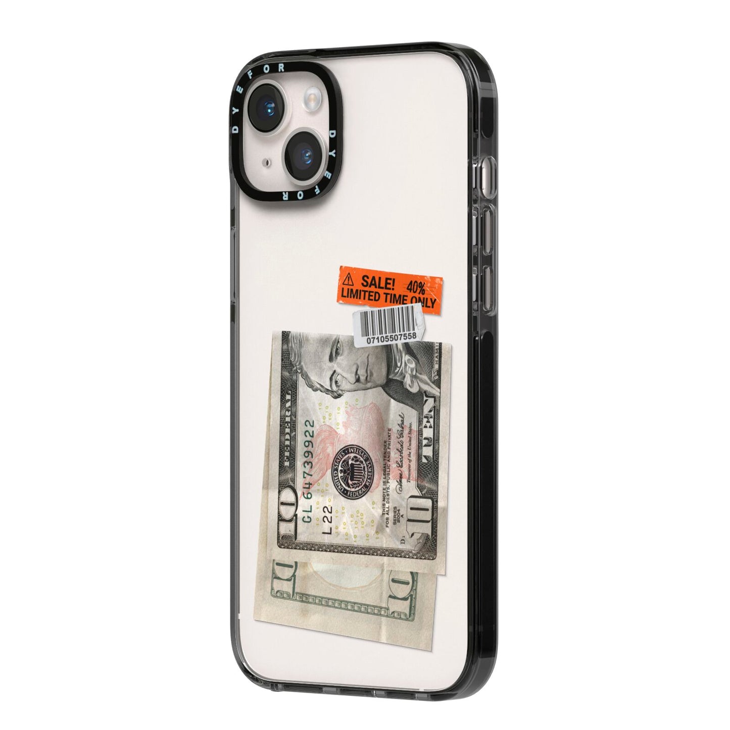 Money and Sale Sticker iPhone 14 Plus Black Impact Case Side Angle on Silver phone