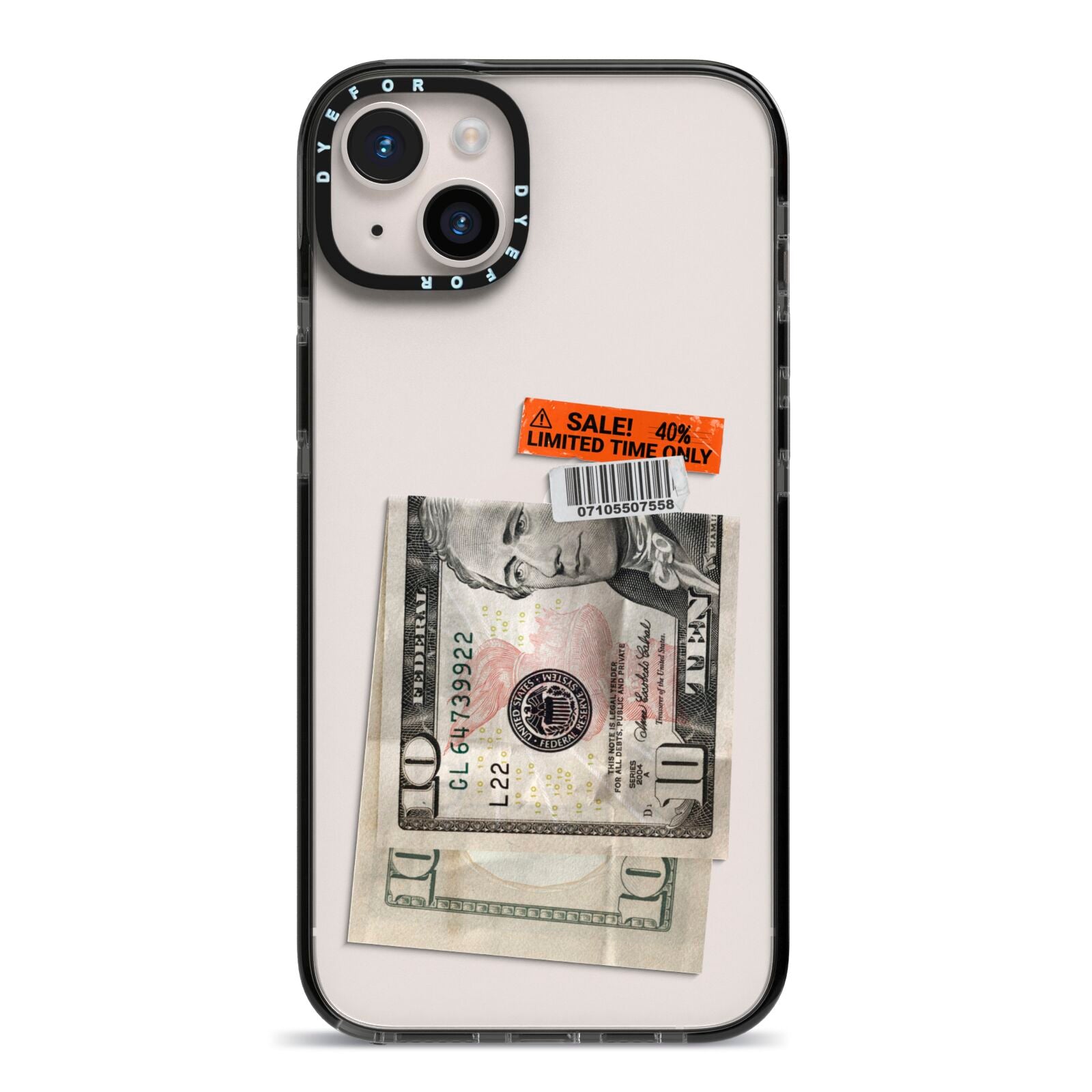 Money and Sale Sticker iPhone 14 Plus Black Impact Case on Silver phone