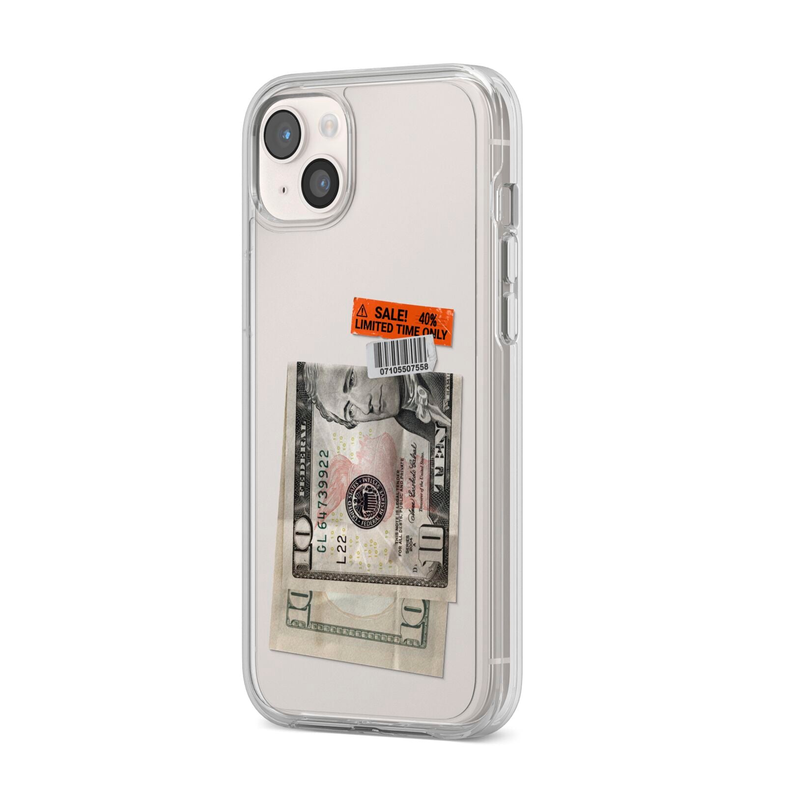 Money and Sale Sticker iPhone 14 Plus Clear Tough Case Starlight Angled Image