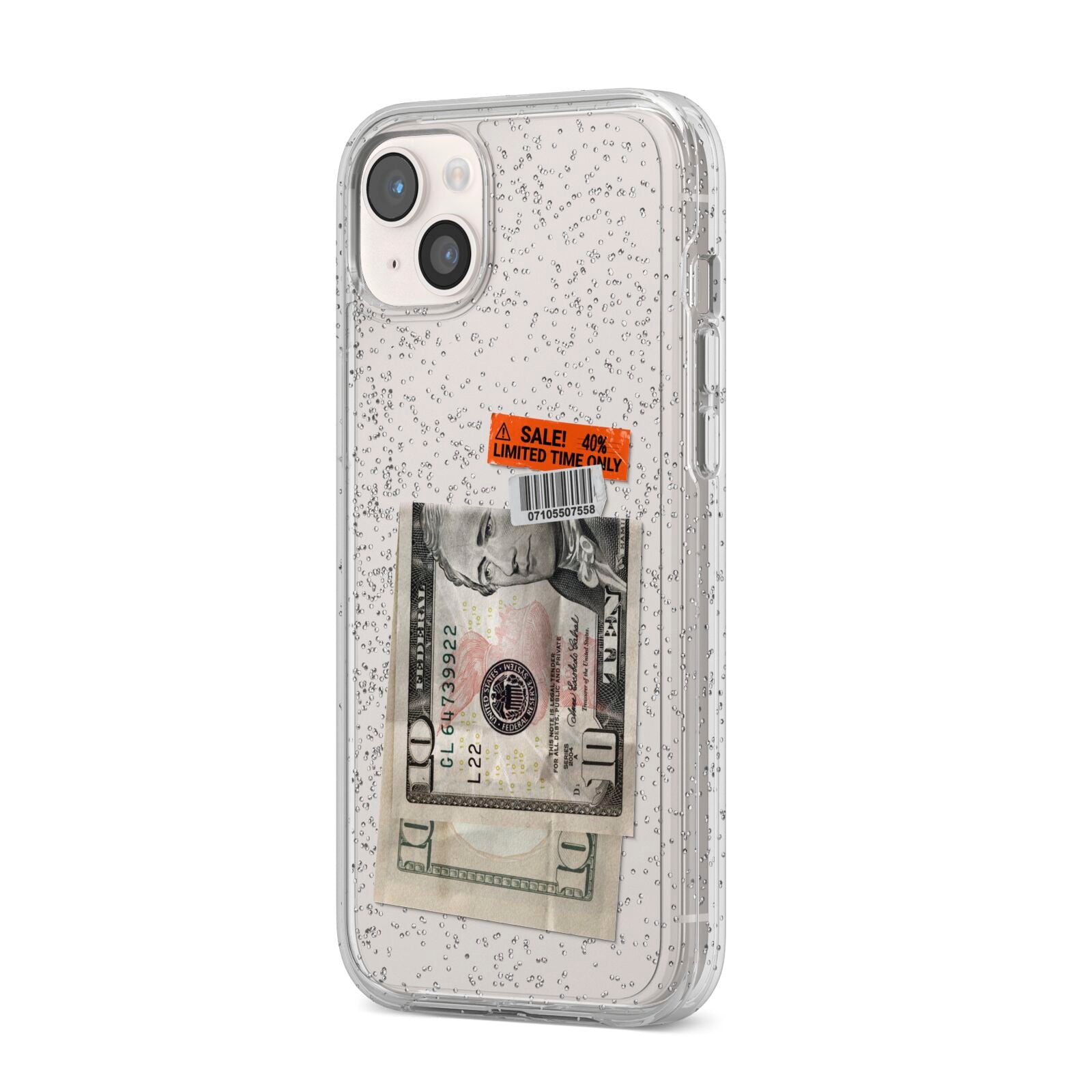 Money and Sale Sticker iPhone 14 Plus Glitter Tough Case Starlight Angled Image