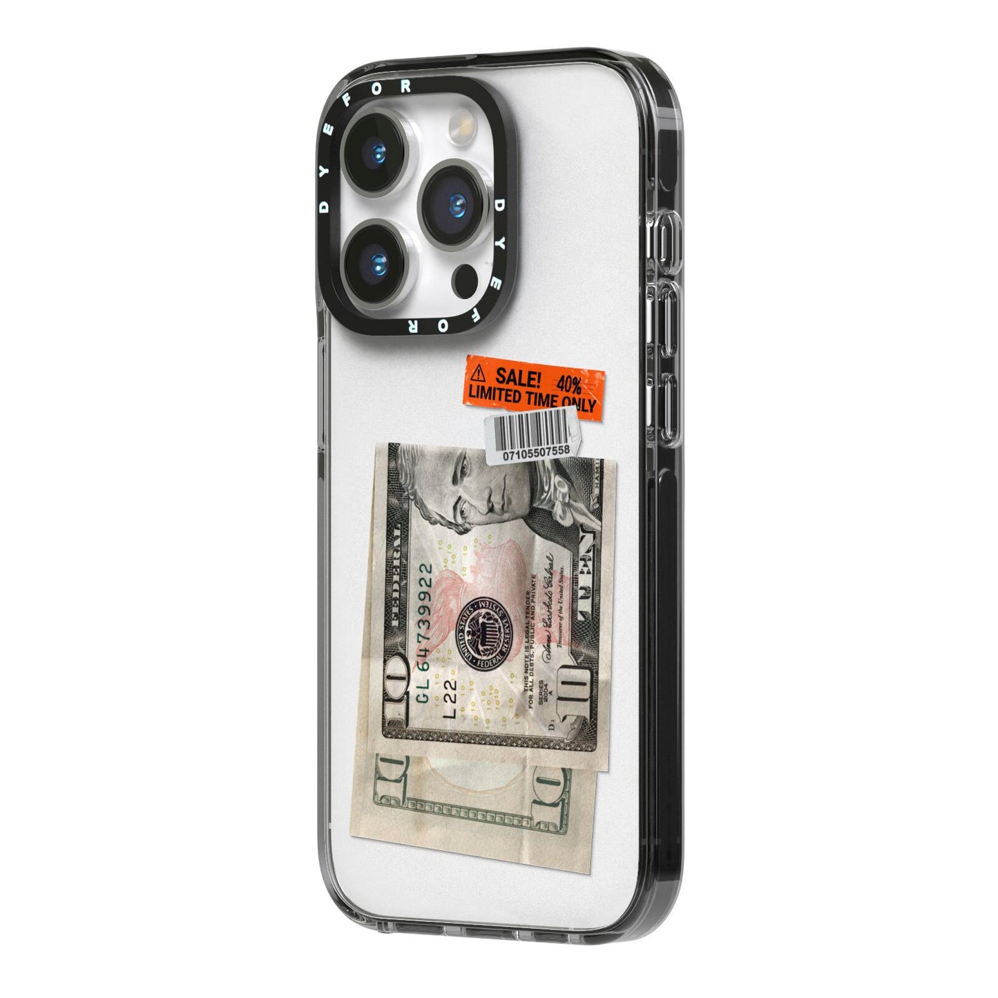 Money and Sale Sticker iPhone 14 Pro Black Impact Case Side Angle on Silver phone