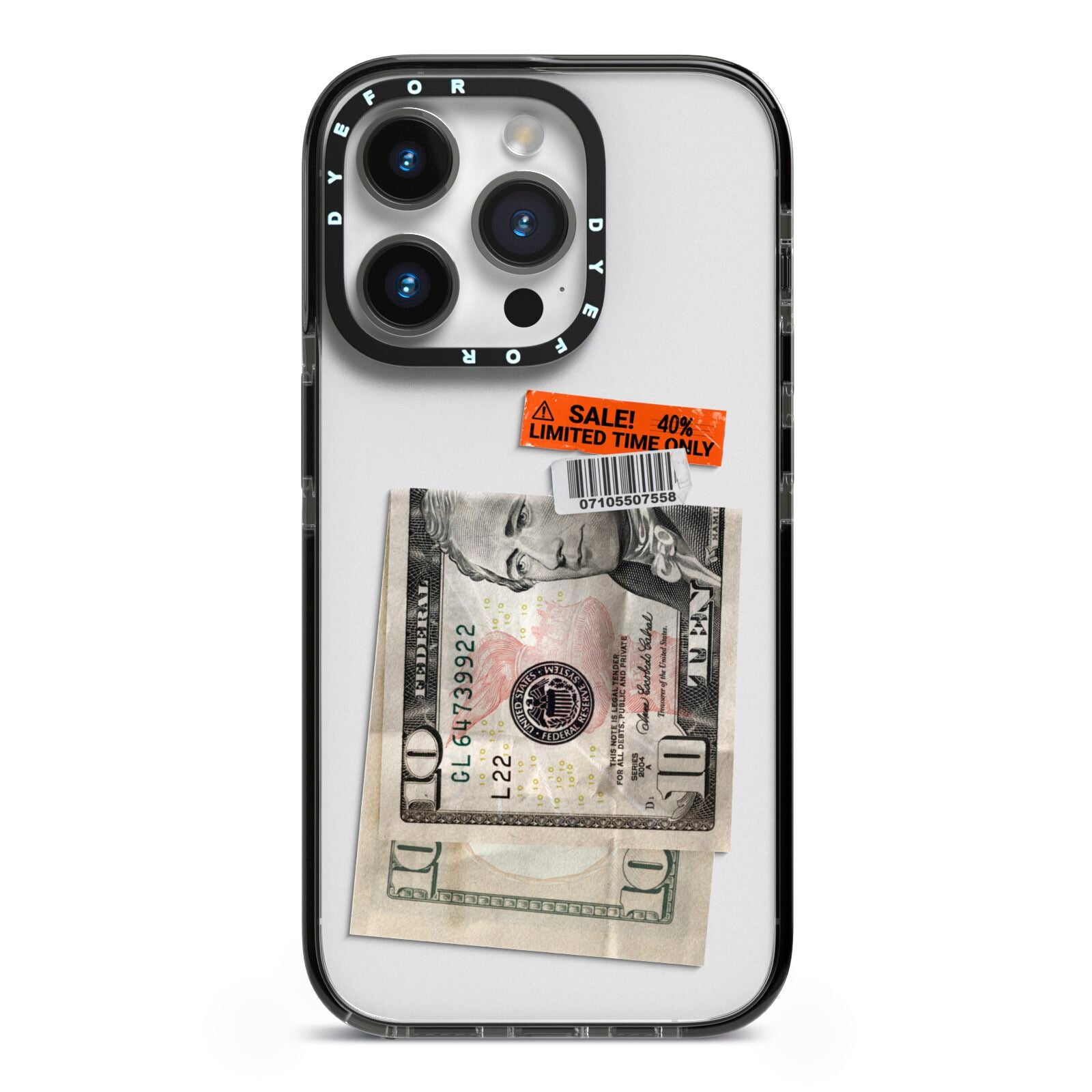 Money and Sale Sticker iPhone 14 Pro Black Impact Case on Silver phone