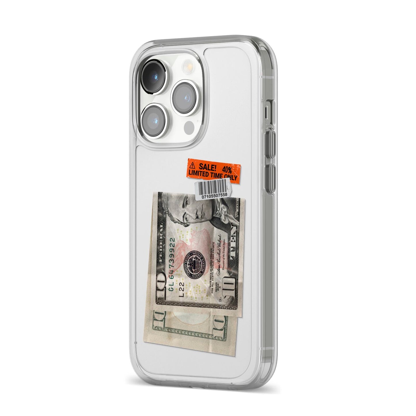 Money and Sale Sticker iPhone 14 Pro Clear Tough Case Silver Angled Image