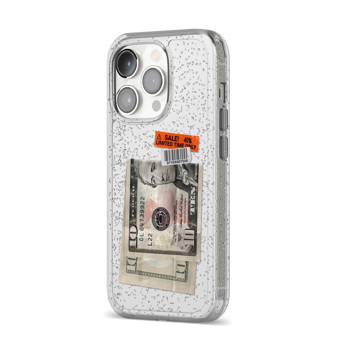 Money and Sale Sticker iPhone 14 Pro Glitter Tough Case Silver Angled Image