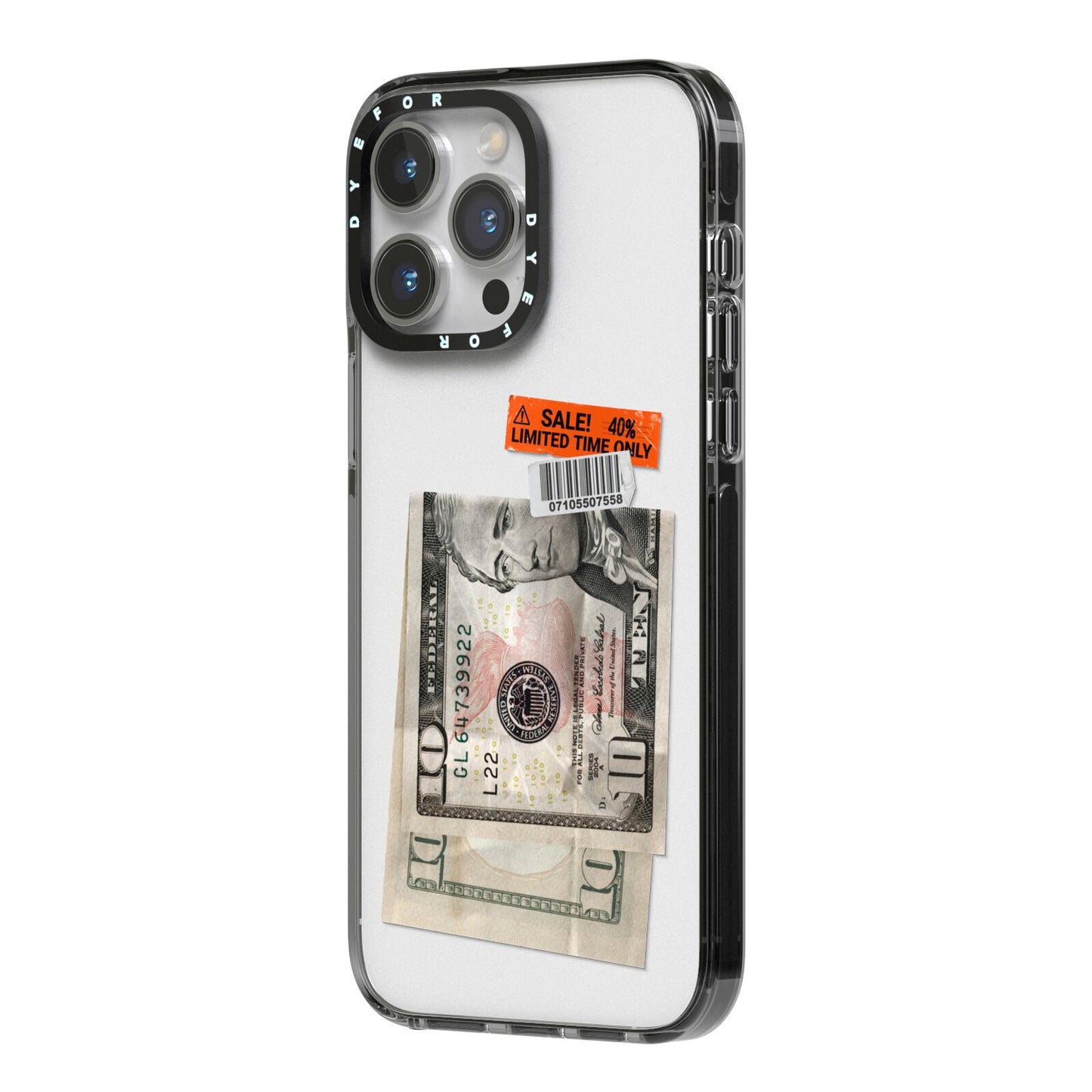 Money and Sale Sticker iPhone 14 Pro Max Black Impact Case Side Angle on Silver phone