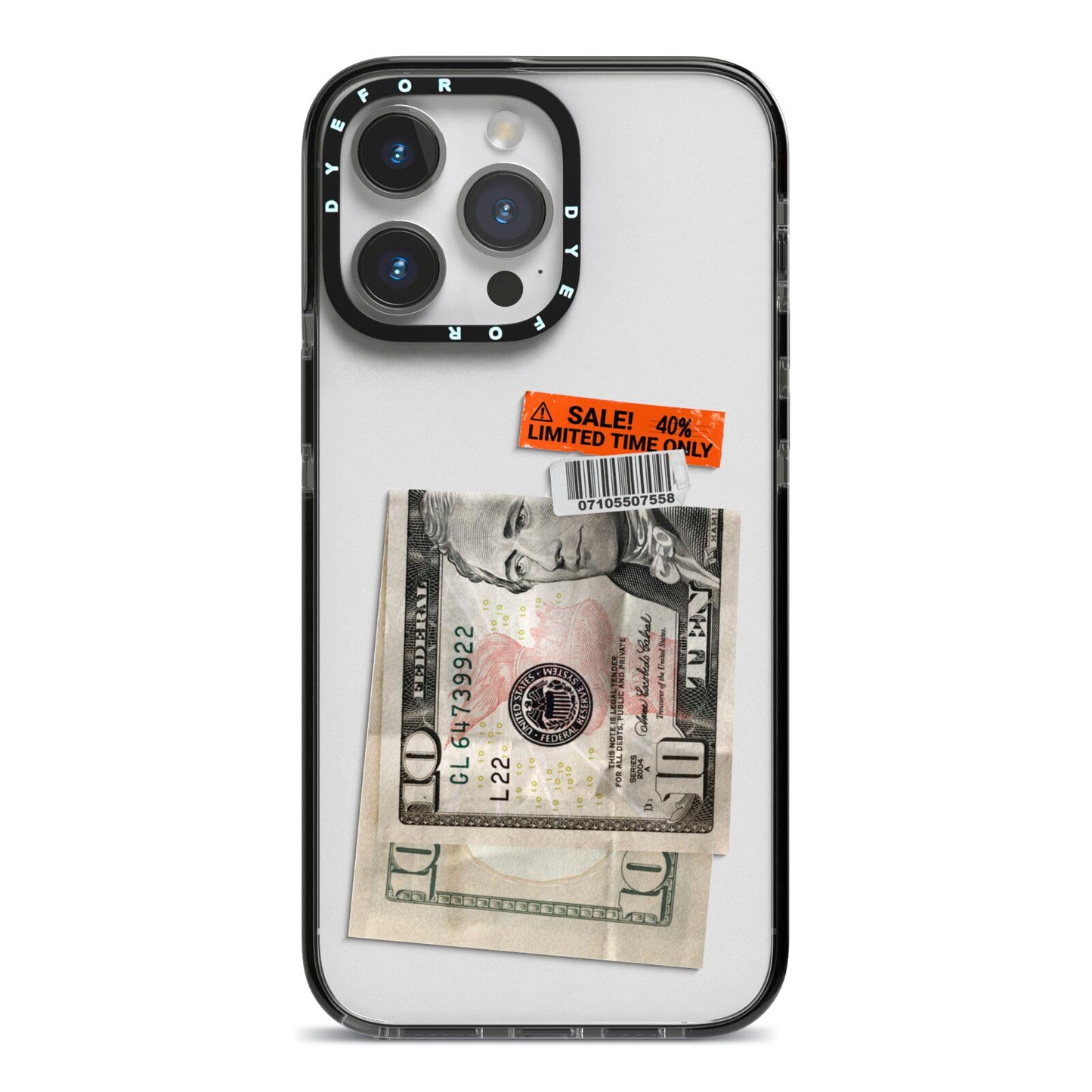 Money and Sale Sticker iPhone 14 Pro Max Black Impact Case on Silver phone