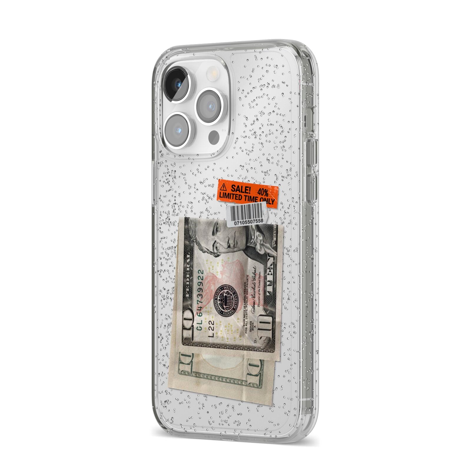 Money and Sale Sticker iPhone 14 Pro Max Glitter Tough Case Silver Angled Image