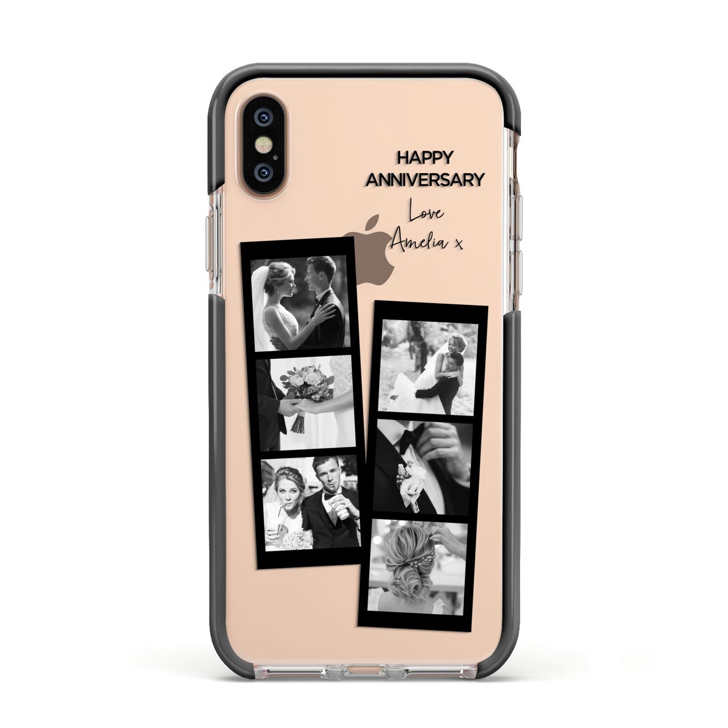 Monochrome Anniversary Photo Strip with Name Apple iPhone Xs Impact Case Black Edge on Gold Phone