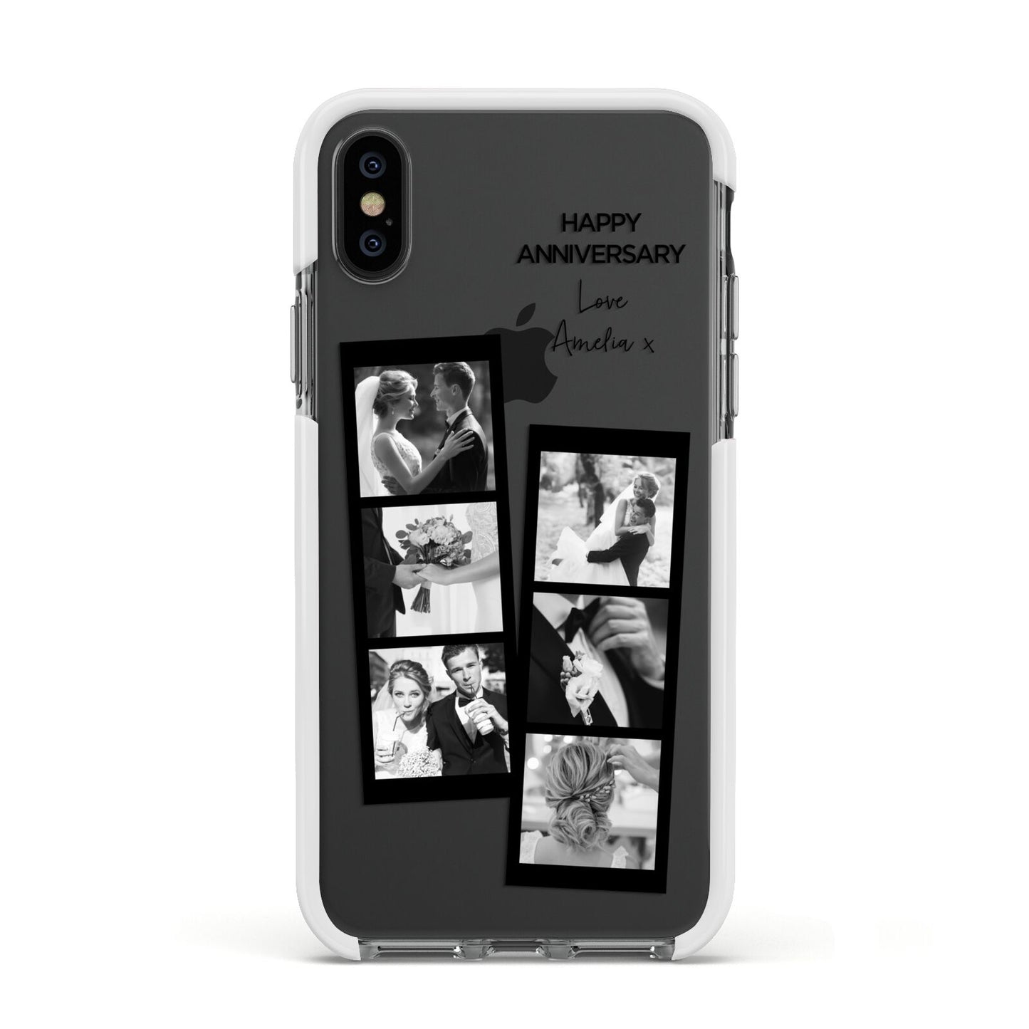 Monochrome Anniversary Photo Strip with Name Apple iPhone Xs Impact Case White Edge on Black Phone