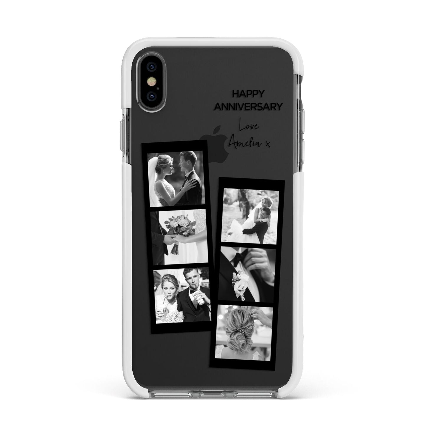 Monochrome Anniversary Photo Strip with Name Apple iPhone Xs Max Impact Case White Edge on Black Phone