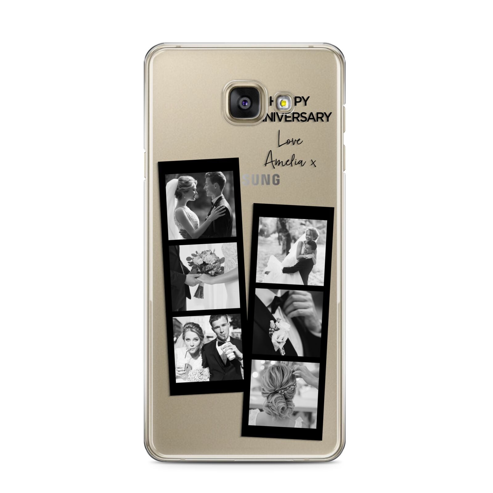 Monochrome Anniversary Photo Strip with Name Samsung Galaxy A3 2016 Case on gold phone