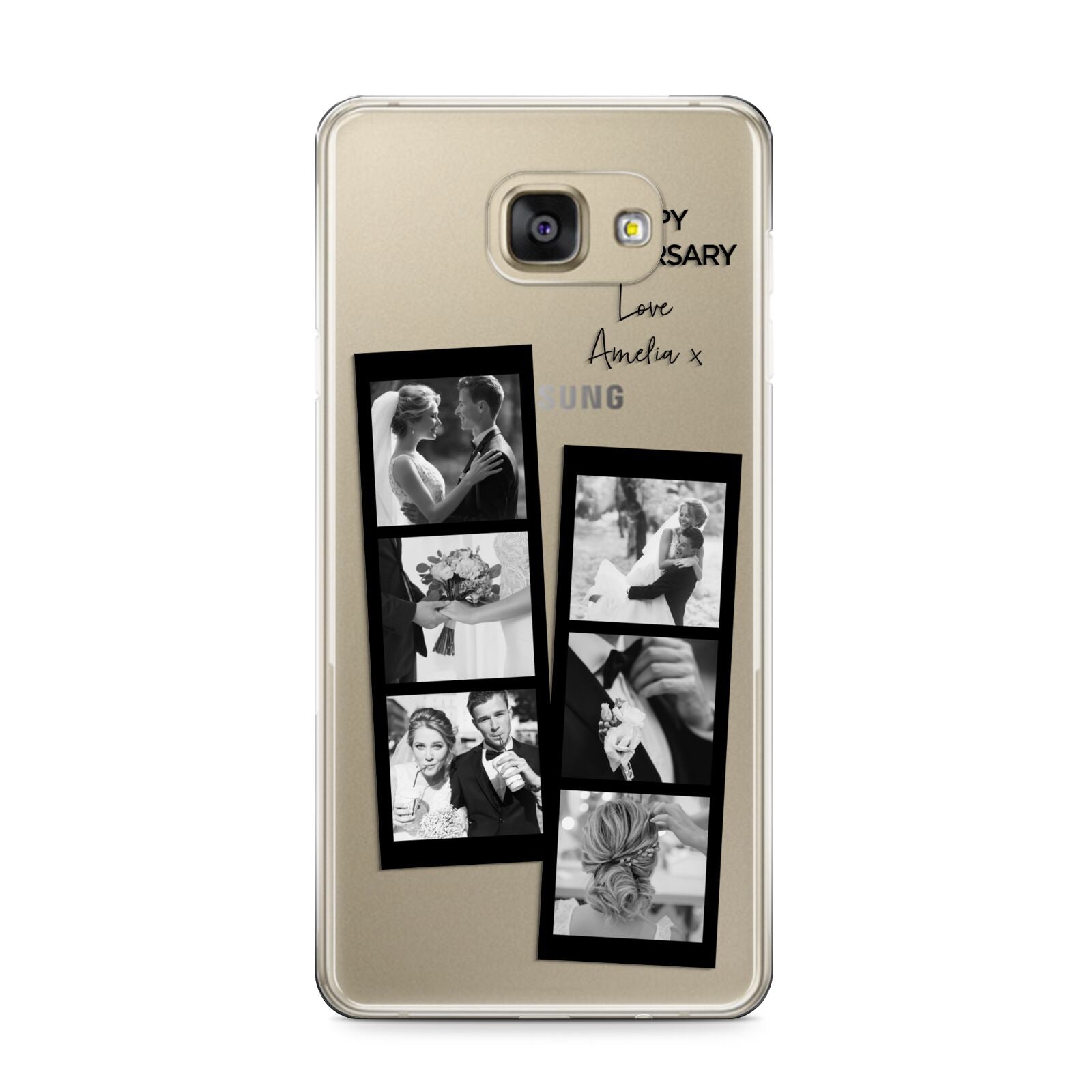 Monochrome Anniversary Photo Strip with Name Samsung Galaxy A9 2016 Case on gold phone