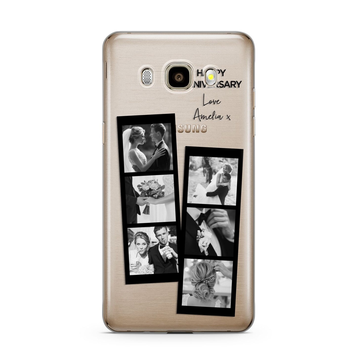 Monochrome Anniversary Photo Strip with Name Samsung Galaxy J7 2016 Case on gold phone