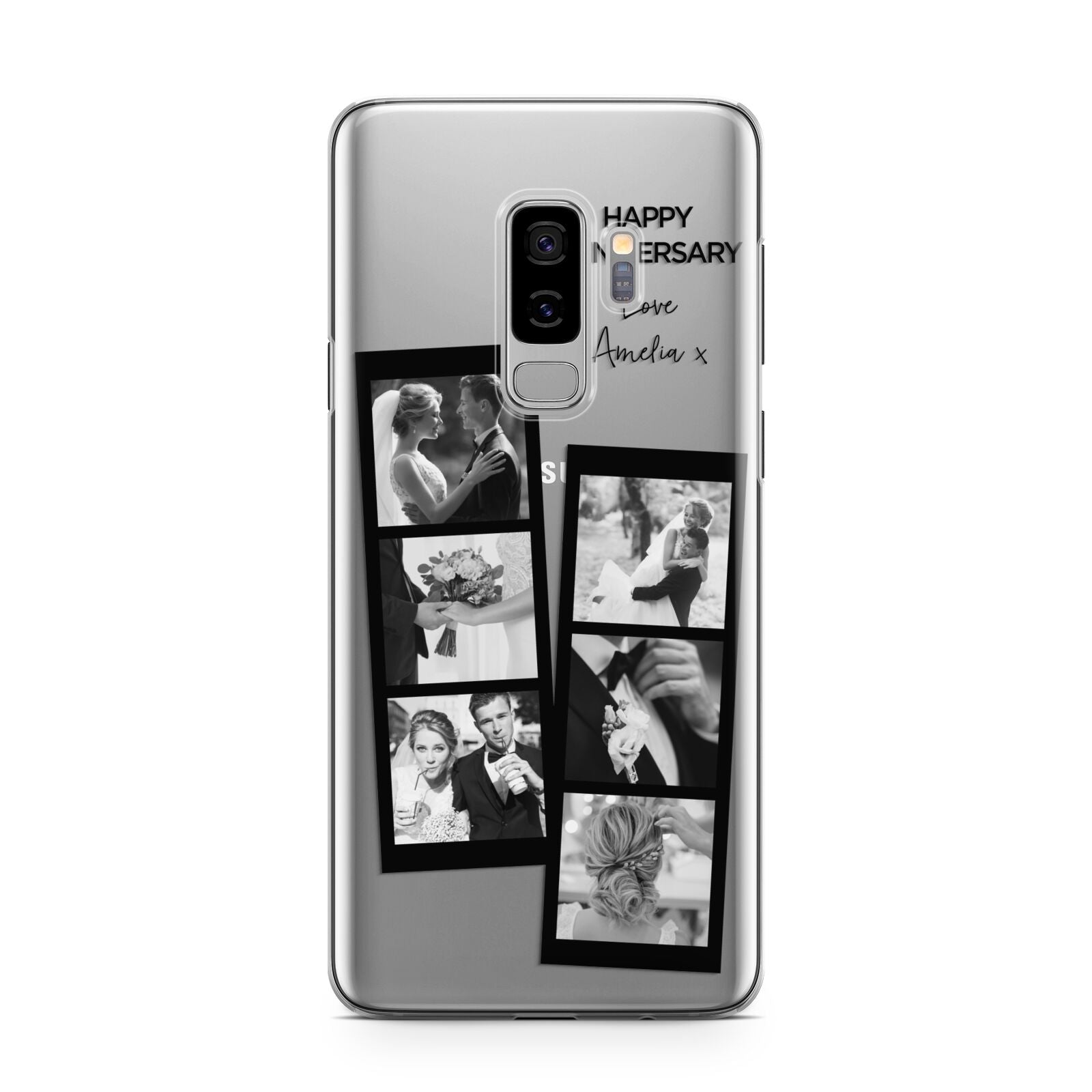 Monochrome Anniversary Photo Strip with Name Samsung Galaxy S9 Plus Case on Silver phone