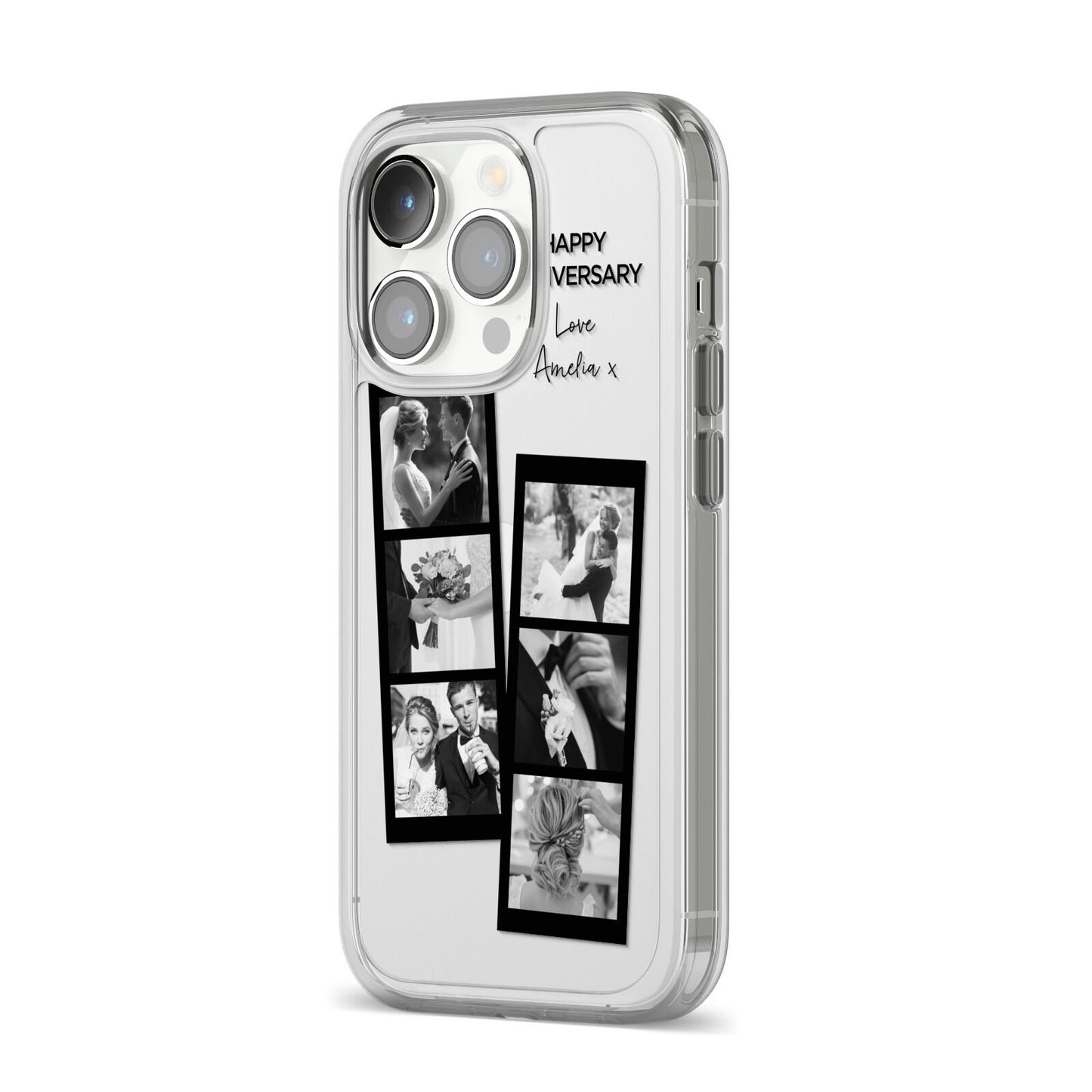 Monochrome Anniversary Photo Strip with Name iPhone 14 Pro Clear Tough Case Silver Angled Image