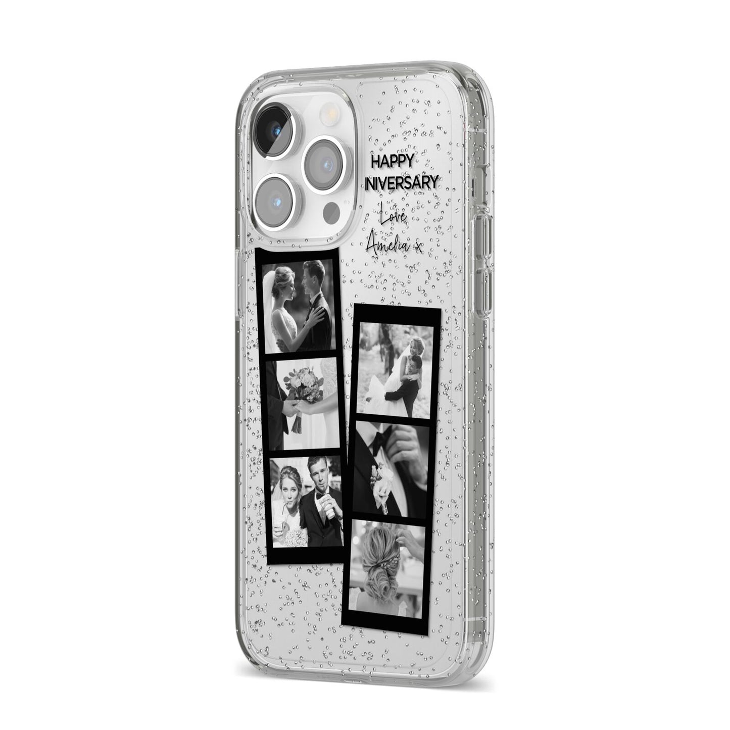 Monochrome Anniversary Photo Strip with Name iPhone 14 Pro Max Glitter Tough Case Silver Angled Image