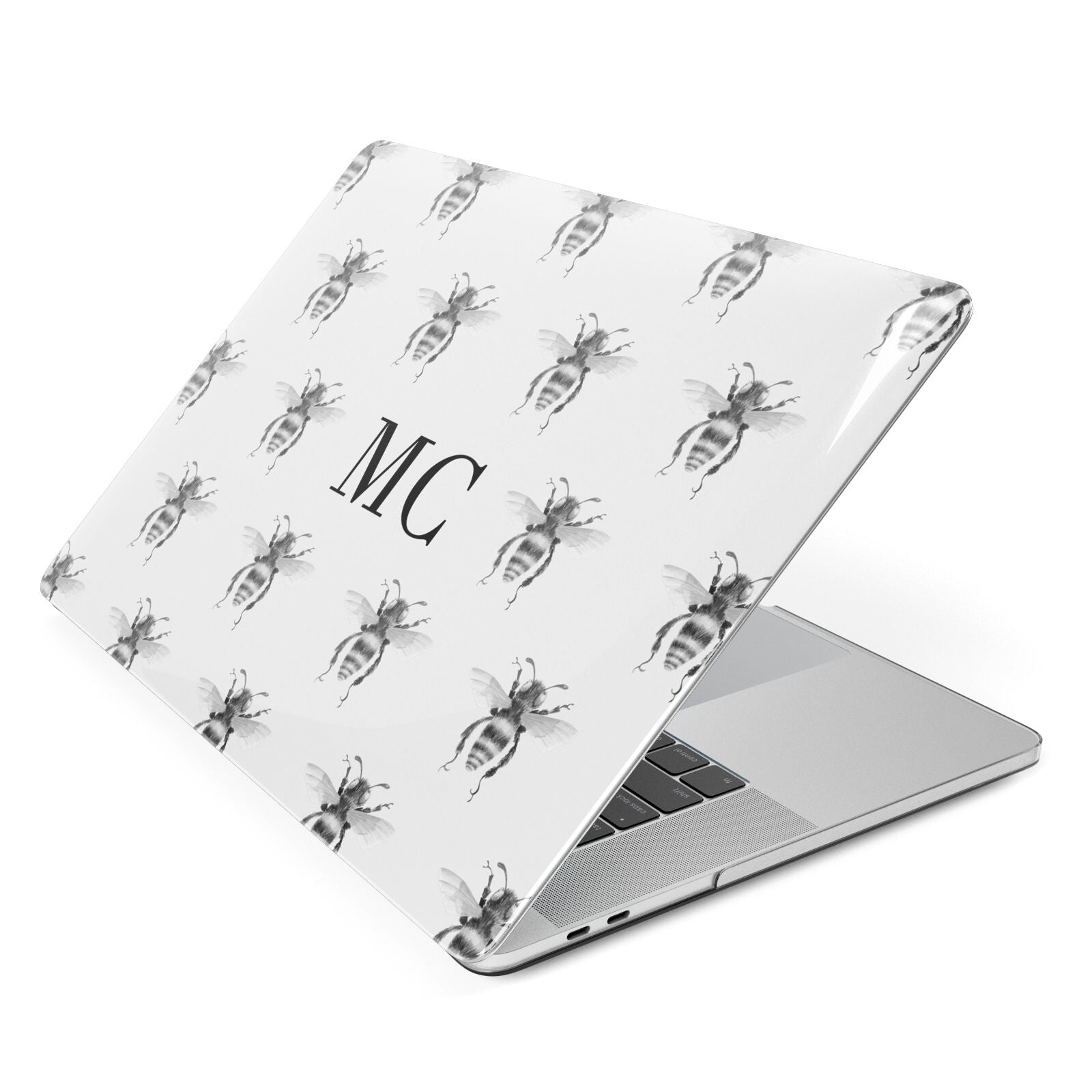 Monochrome Bees with Monogram Apple MacBook Case Side View