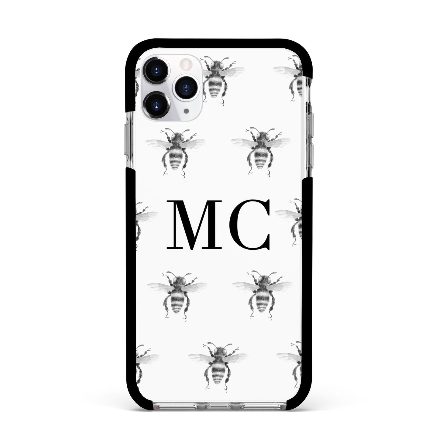 Monochrome Bees with Monogram Apple iPhone 11 Pro Max in Silver with Black Impact Case