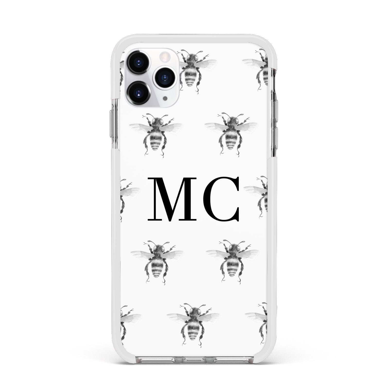 Monochrome Bees with Monogram Apple iPhone 11 Pro Max in Silver with White Impact Case