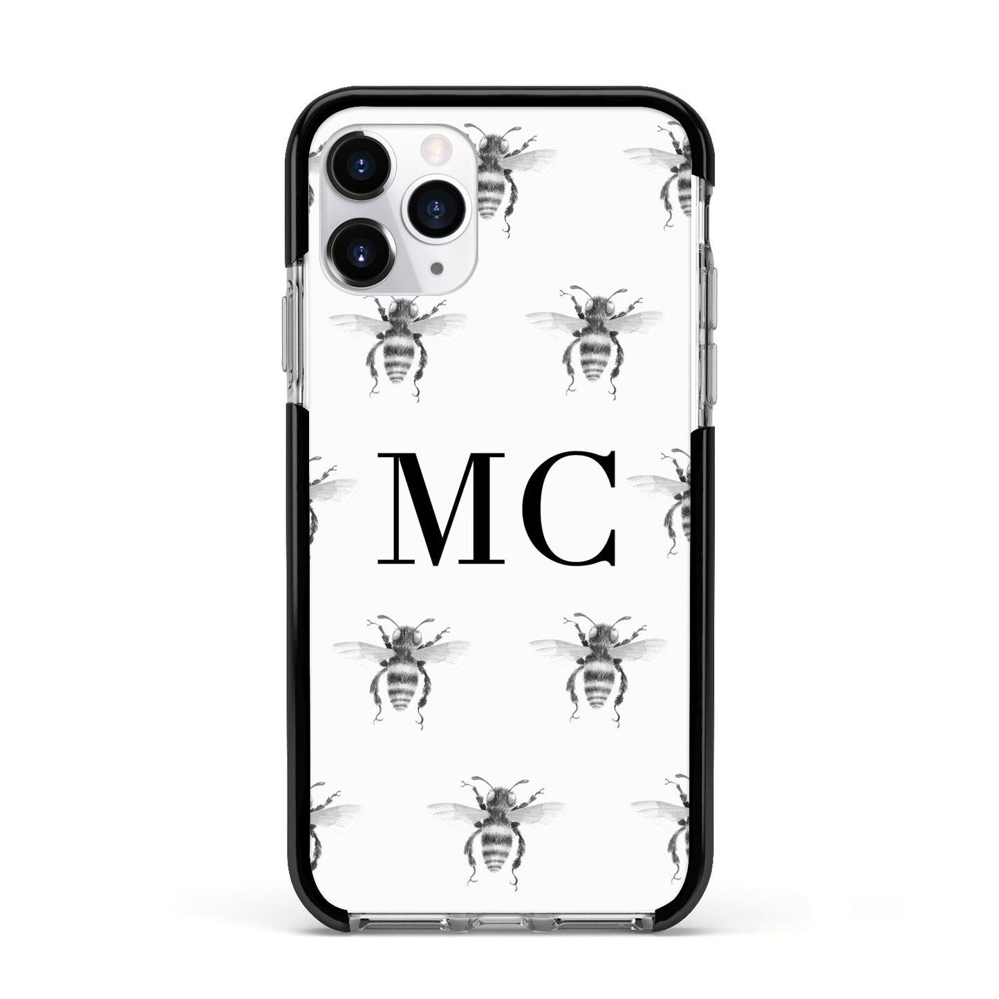 Monochrome Bees with Monogram Apple iPhone 11 Pro in Silver with Black Impact Case