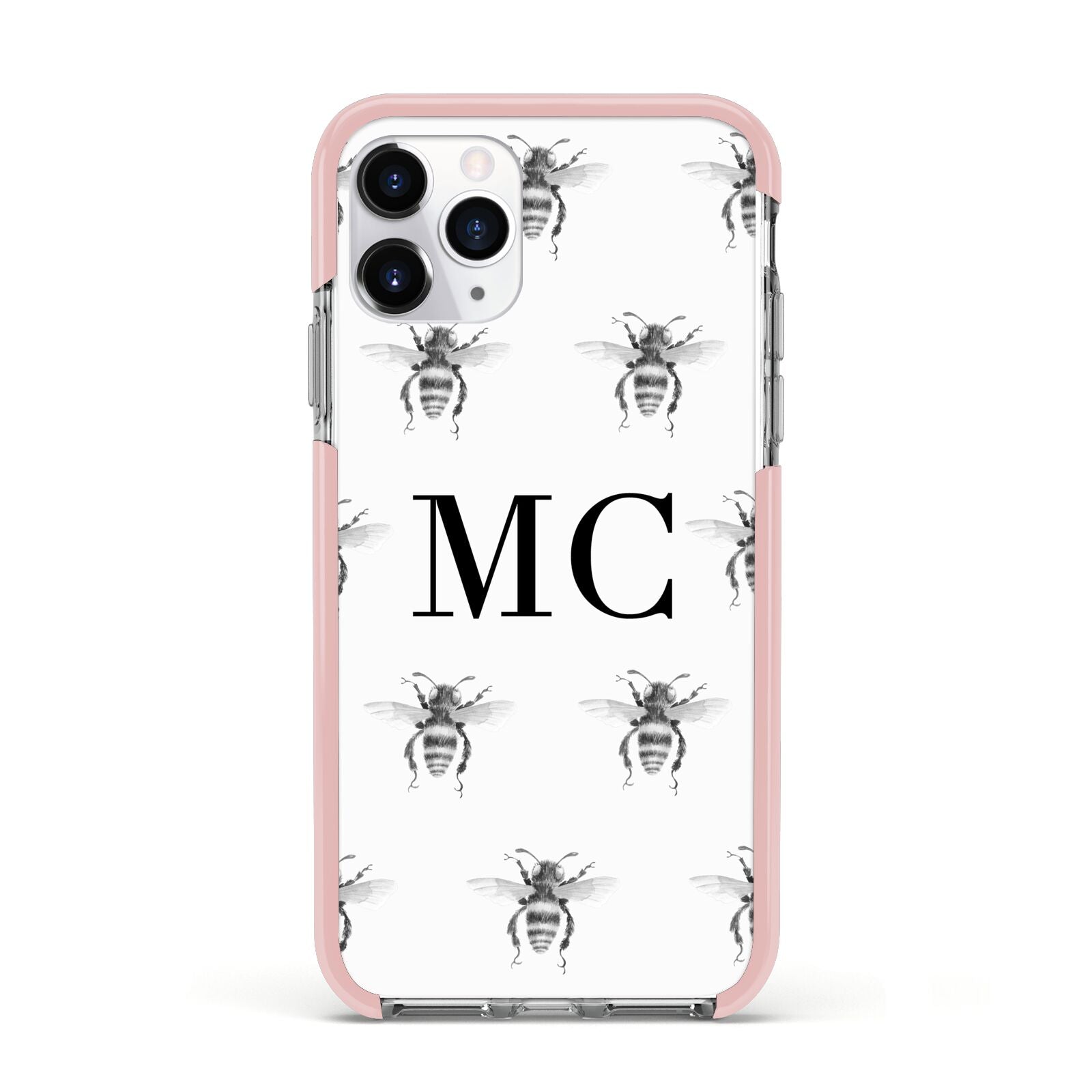 Monochrome Bees with Monogram Apple iPhone 11 Pro in Silver with Pink Impact Case