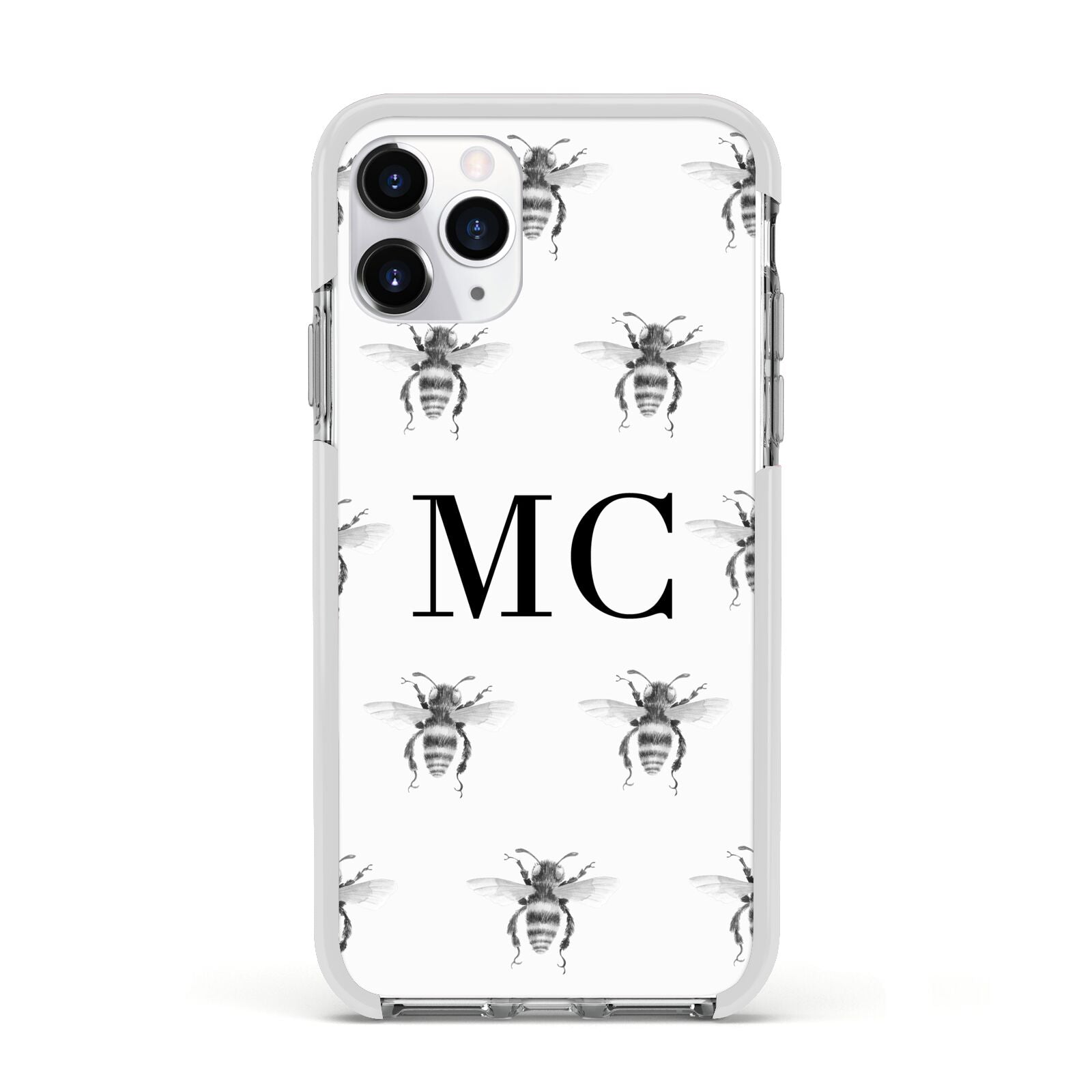 Monochrome Bees with Monogram Apple iPhone 11 Pro in Silver with White Impact Case