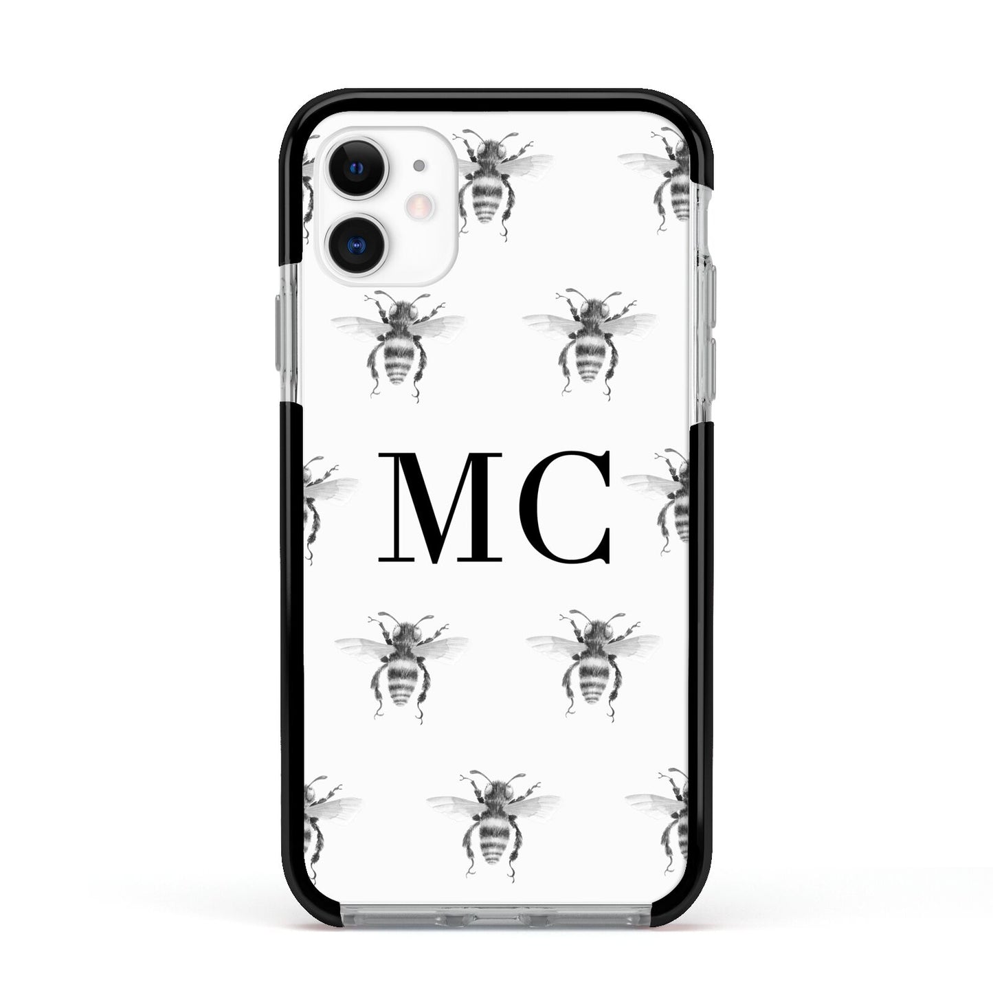 Monochrome Bees with Monogram Apple iPhone 11 in White with Black Impact Case