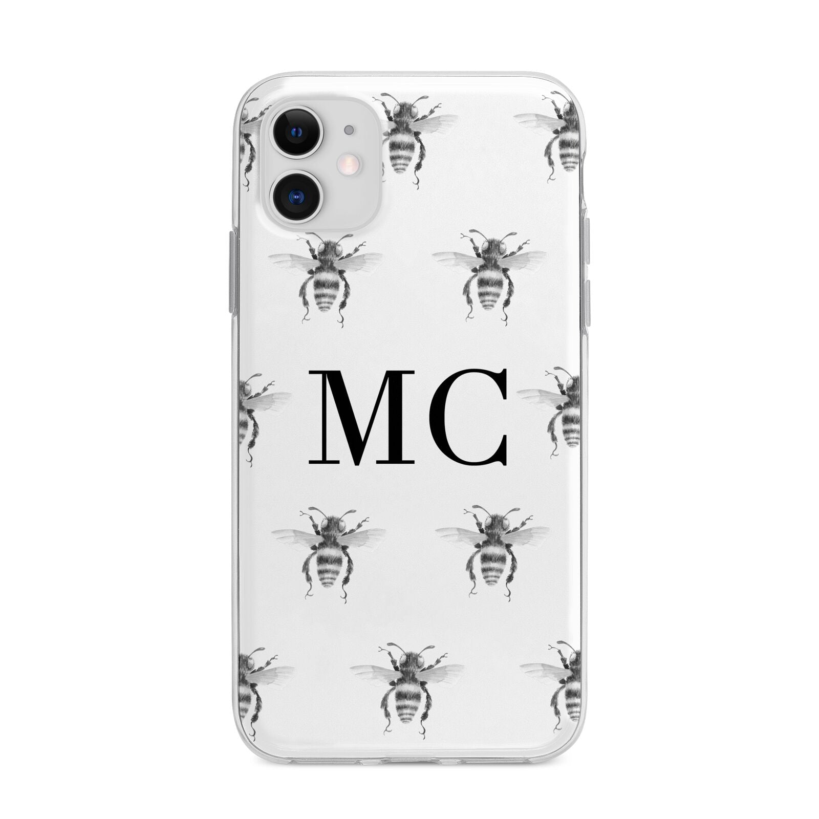 Monochrome Bees with Monogram Apple iPhone 11 in White with Bumper Case