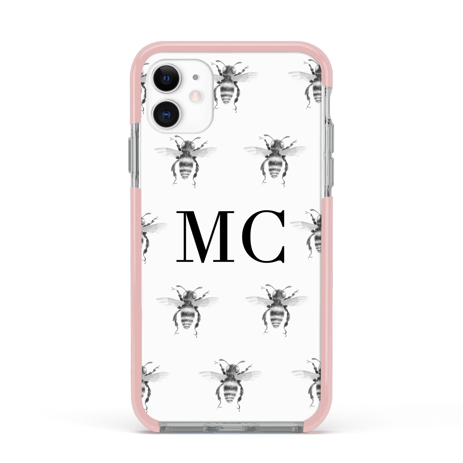 Monochrome Bees with Monogram Apple iPhone 11 in White with Pink Impact Case