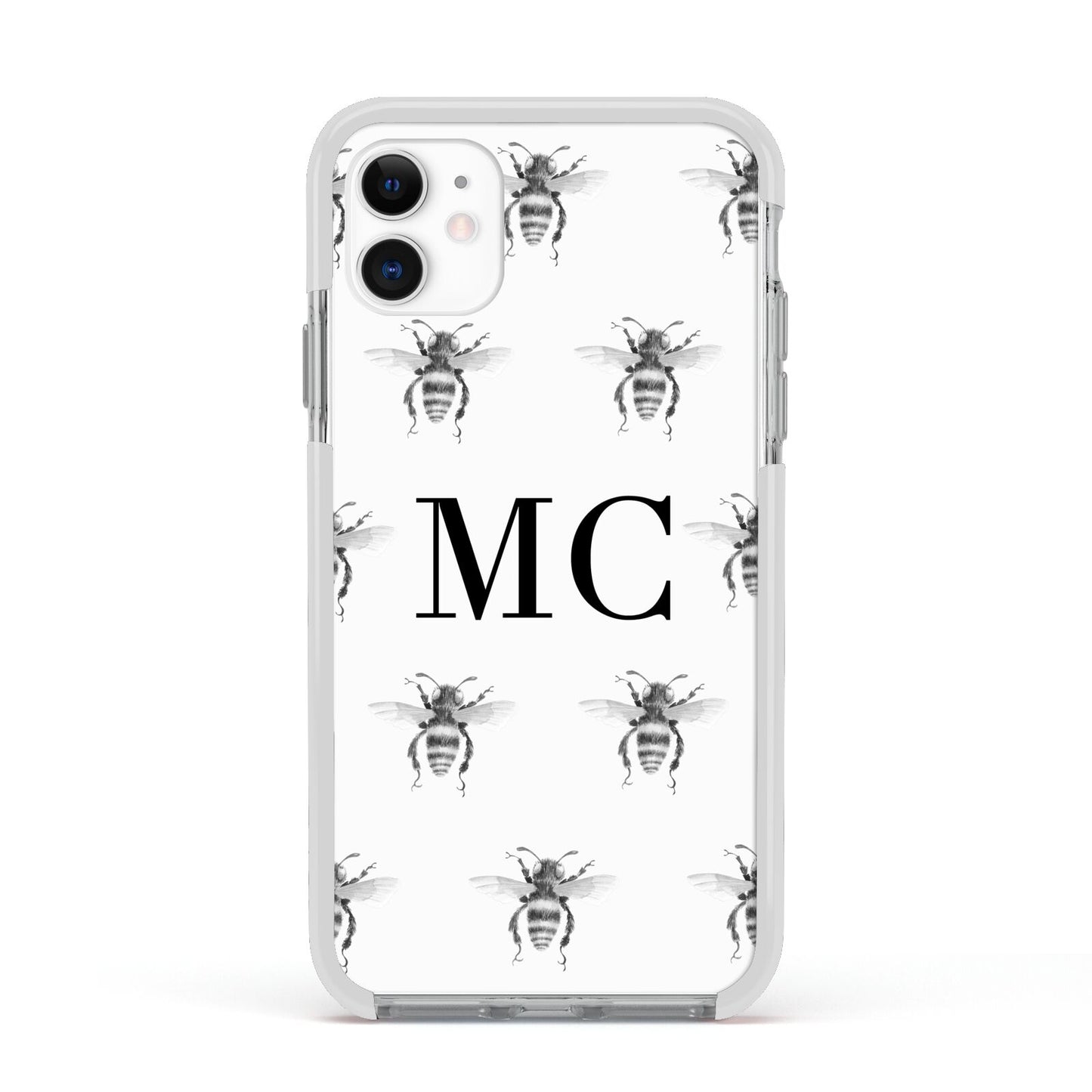 Monochrome Bees with Monogram Apple iPhone 11 in White with White Impact Case