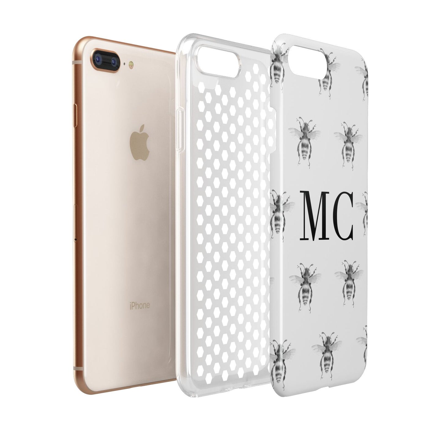 Monochrome Bees with Monogram Apple iPhone 7 8 Plus 3D Tough Case Expanded View