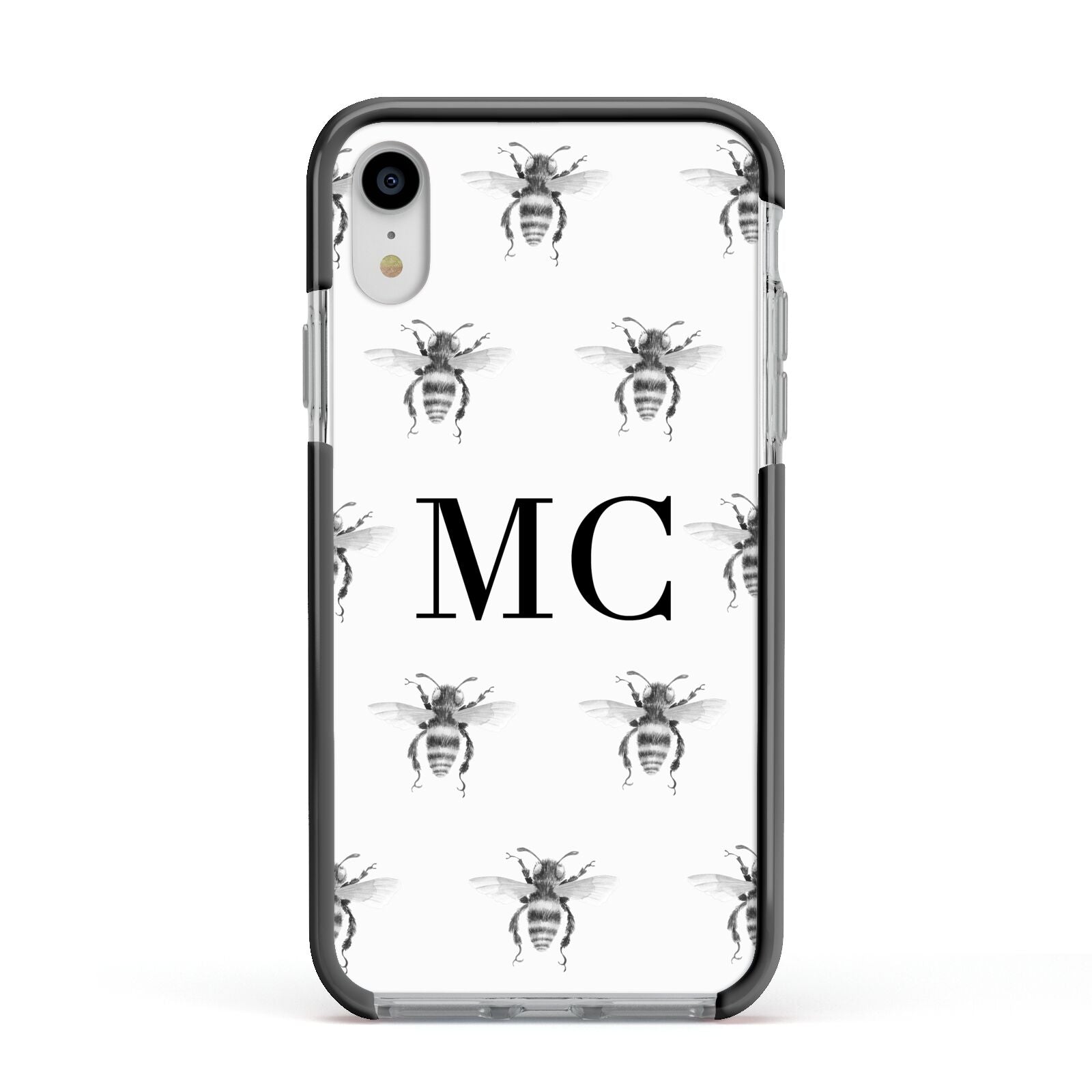 Monochrome Bees with Monogram Apple iPhone XR Impact Case Black Edge on Silver Phone